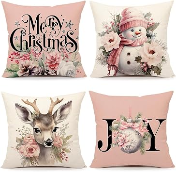 4TH Emotion Pink Christmas Pillow Covers 18x18 Set of 4 Farmhouse Xmas Decorations Snowman Deer Joy Floral Merry Winter Holiday Decor Throw Cushion Case for Home Couch S24C02