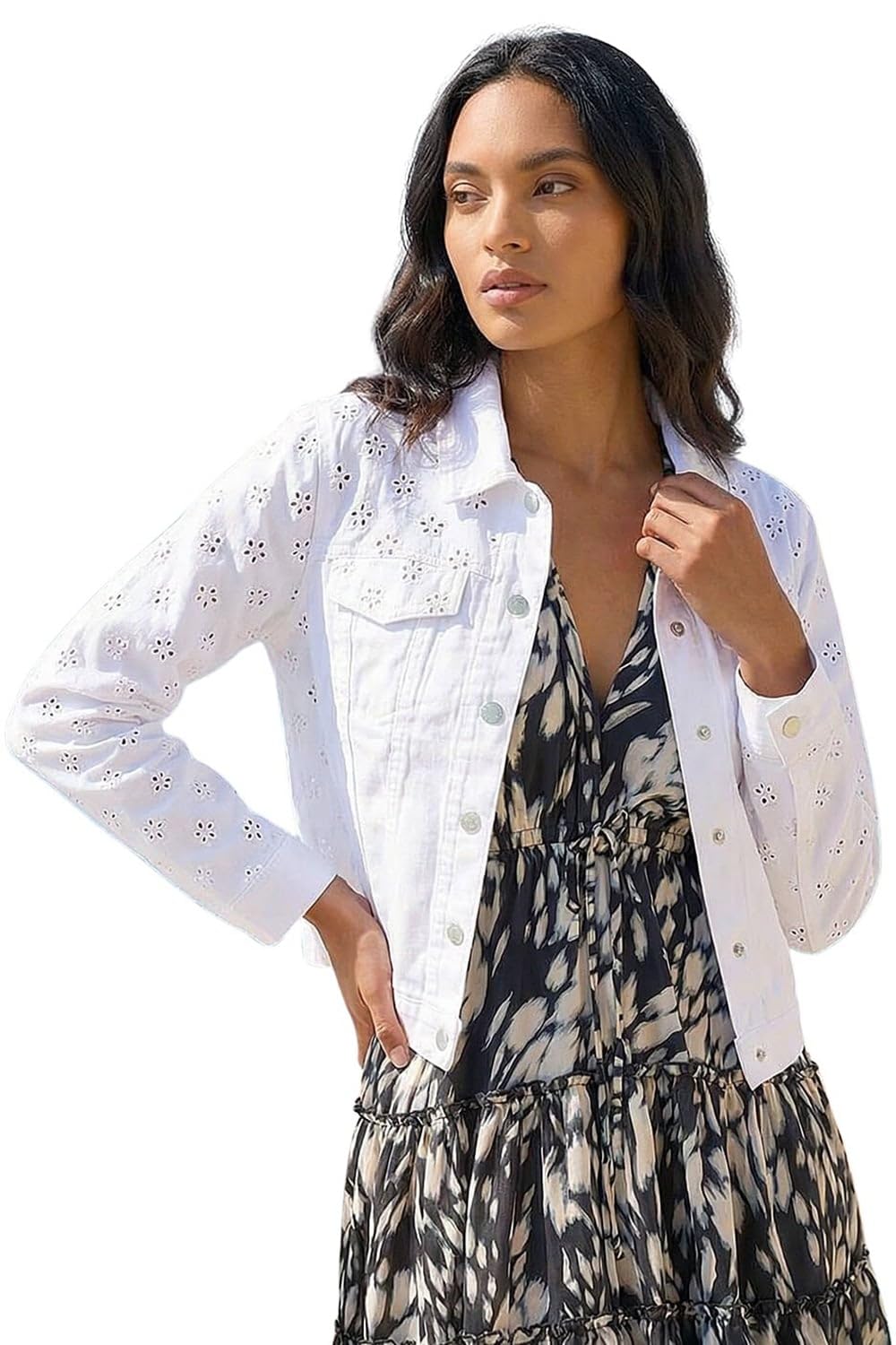 Roman Originals Cotton Blend Broderie Sleeve Jacket for Women UK - Ladies Everyday Holiday Spring Summer Comfy Soft Evening Vacation Work Party - White - Size 20