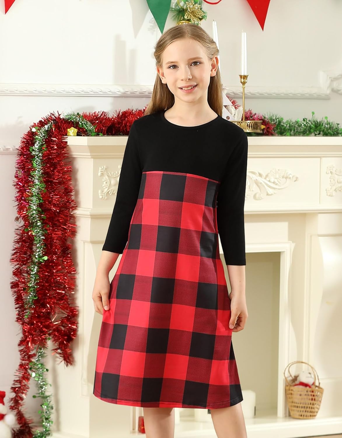 KYMIDY Girls Buffalo Check Plaid Dress Kids 3/4 Sleeve Casual Midi Dresses with Pockets for Girls 6-14 Years - Image 2