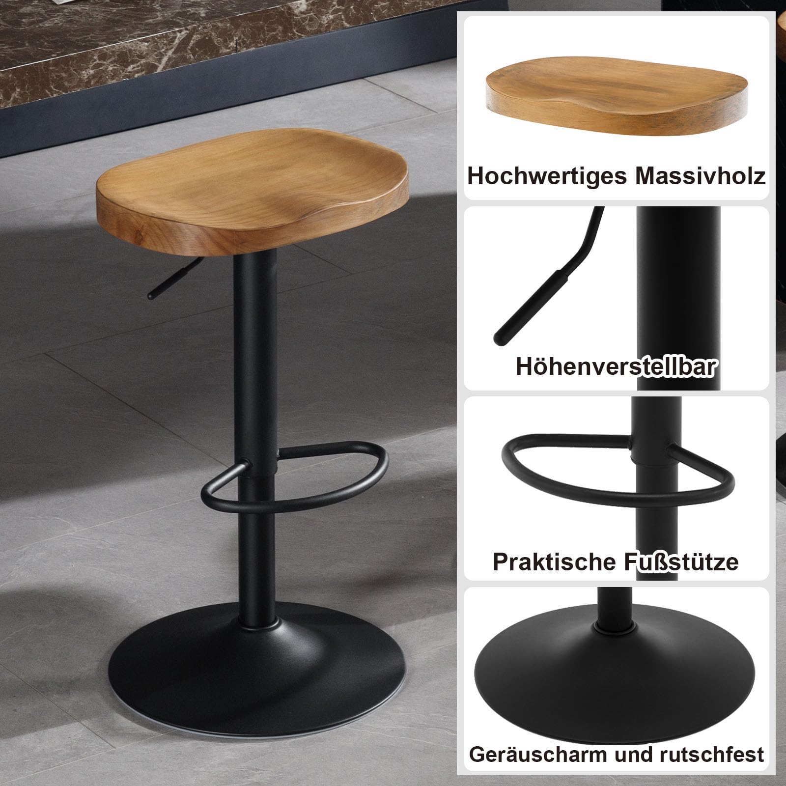 WOLTU Barhocker 2er Set, Hocker höhenverstellbar drehbar, mit Sattelsitz Fußstütze, Drehhocker aus Massivholz Metall, Küchenhocker Schminkhocker Arbeitshocker, dunkle Holzoptik, BH413dc-2