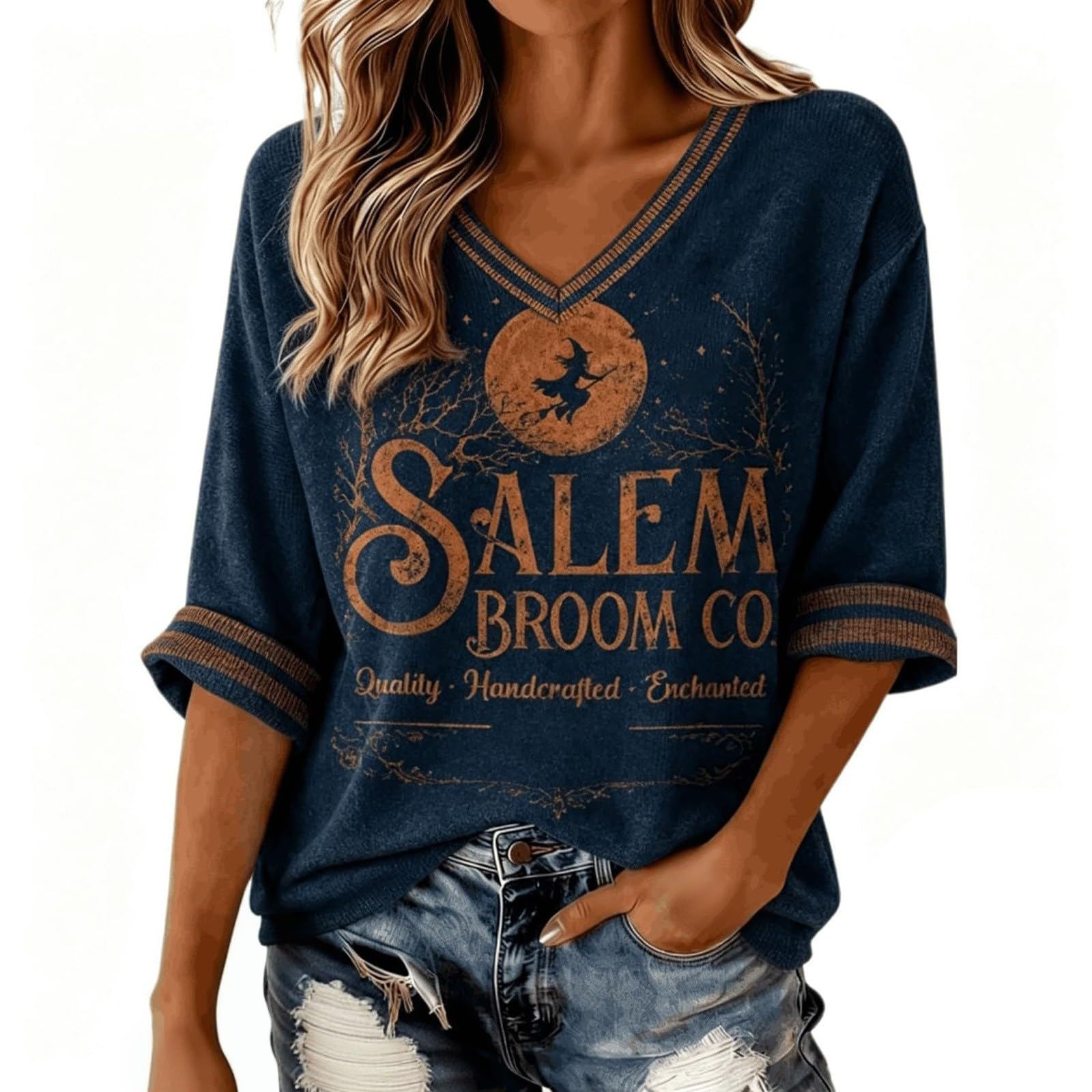Salem Broom Co Halloween Shirts Women 3/4 Sleeve Vintage Witch Tops — image 1