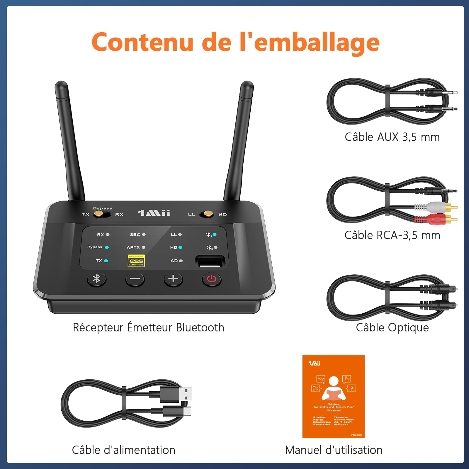 1Mii B03S Transmetteur Récepteur Bluetooth 5.3 avec DAC Audiophile, Émetteur Audio Bluetooth pour TV/Casque/Chaîne Stéréo HiFi, aptX AD/LL/HD, Clé USB Musique, Longue Portée, RCA Optiques AUX