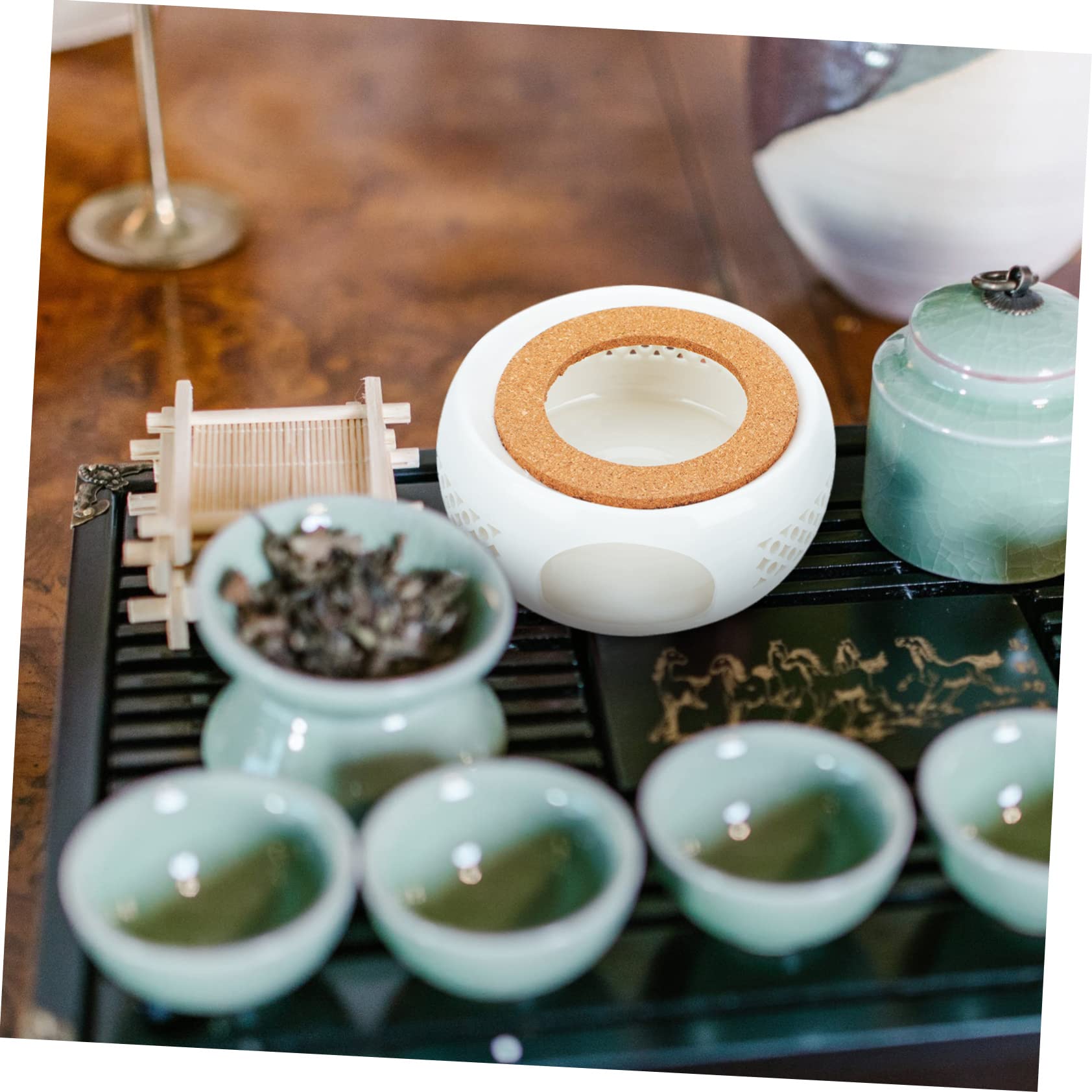 FUNOMOCYA Decorative Teapot Warmer Heating Base for Home Elegant Design with Hollow Pattern Tea Accessory for Keeping Tea Warm Compact and Tea Heater White