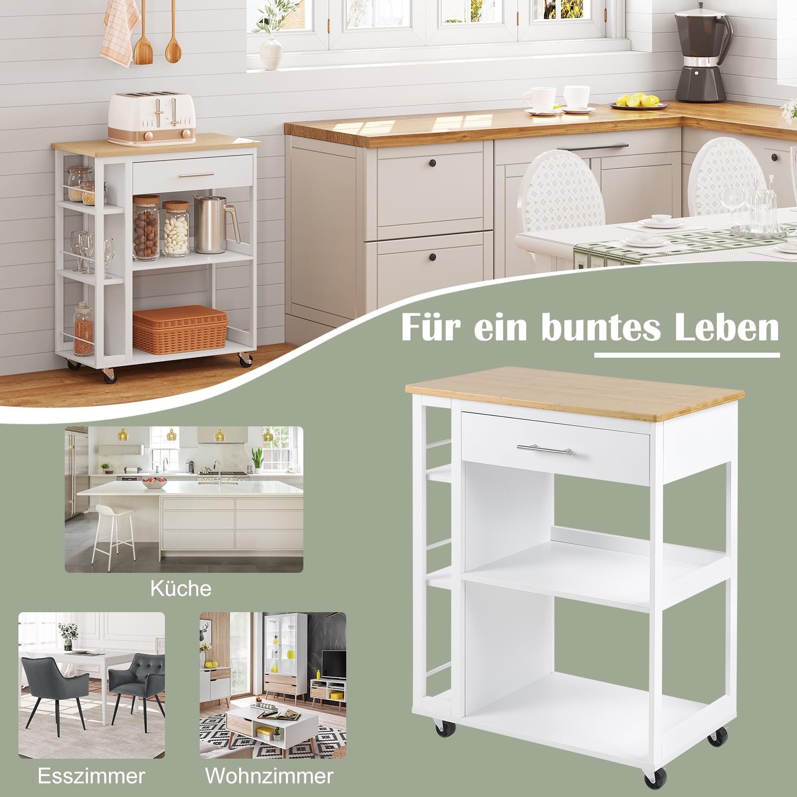 WOLTU Carrito Cocina de 3 Estantes y 1 Cajon Grande, Carro Camarera con Ruedas, Estanteria de Almacenamiento Estilo Moderno, para Cocina, Salón y Comedor, 73x38x88 cm, Color Bambú + Blanco, RW051eiw