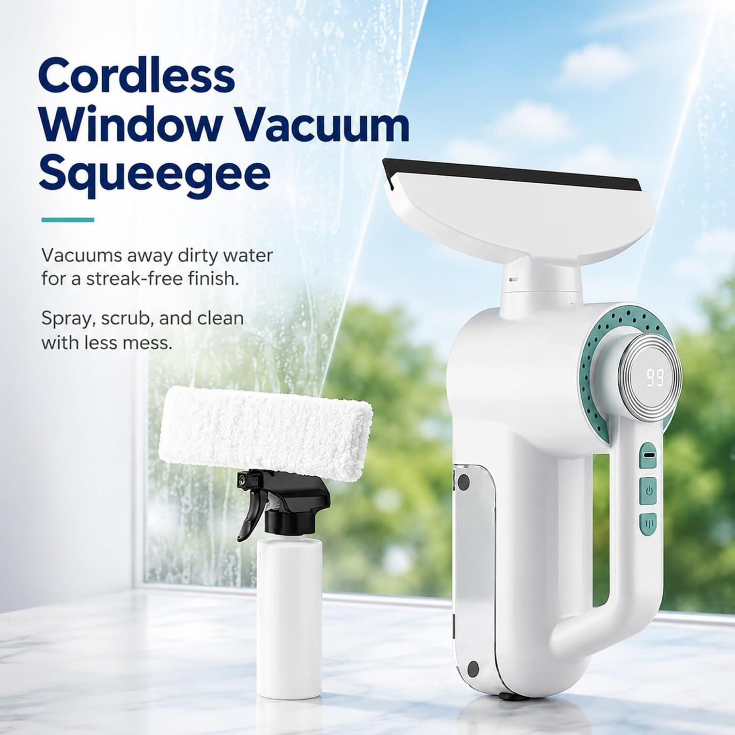 Limpiacristales Inalámbrico Aspirador 150ml | Succión 1500Pa, 3en1, batería 3000mAh, LED, 2 modos. Para azulejos, espejos y coche.(White)