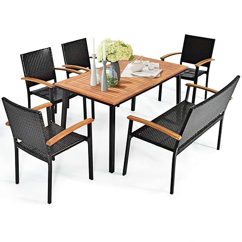 Tangkula 6 Piece Patio Dining Set, Outdoor Acacia Wood Dining