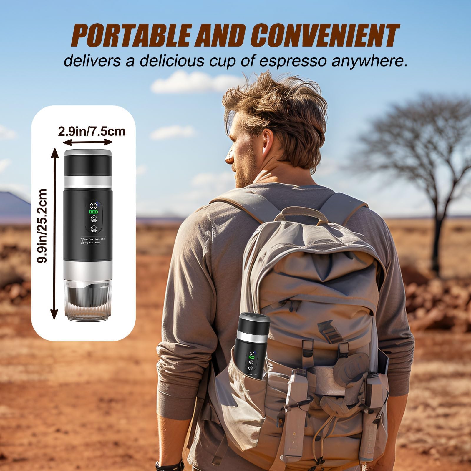 Cafetera Espresso Eléctrica Portátil 3 en 1, viene con una batería extraíble, Cafetera de Viaje para Camping, Cafetera de Coche Autocalentable con USB-C, para Café Molido y Cápsulas Pequeña/Grande