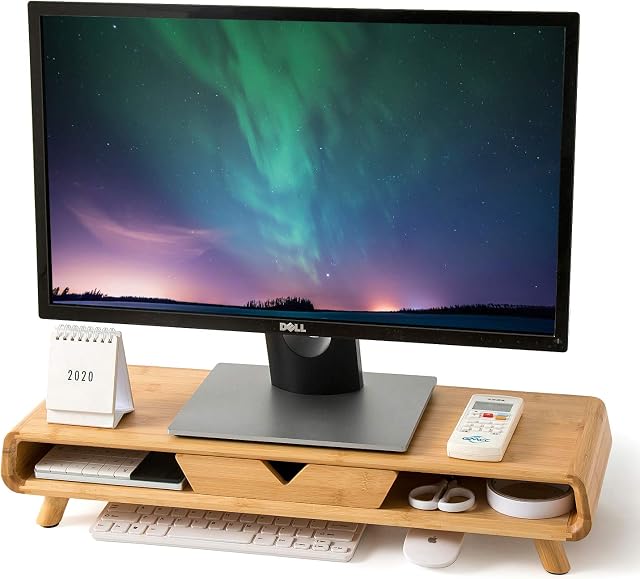 Bamboo Monitor Stand Riser Homerays No Assembly Required Exquisite Monitor Stand with Drawer, Ergonomic Height Wood Monitor Stand