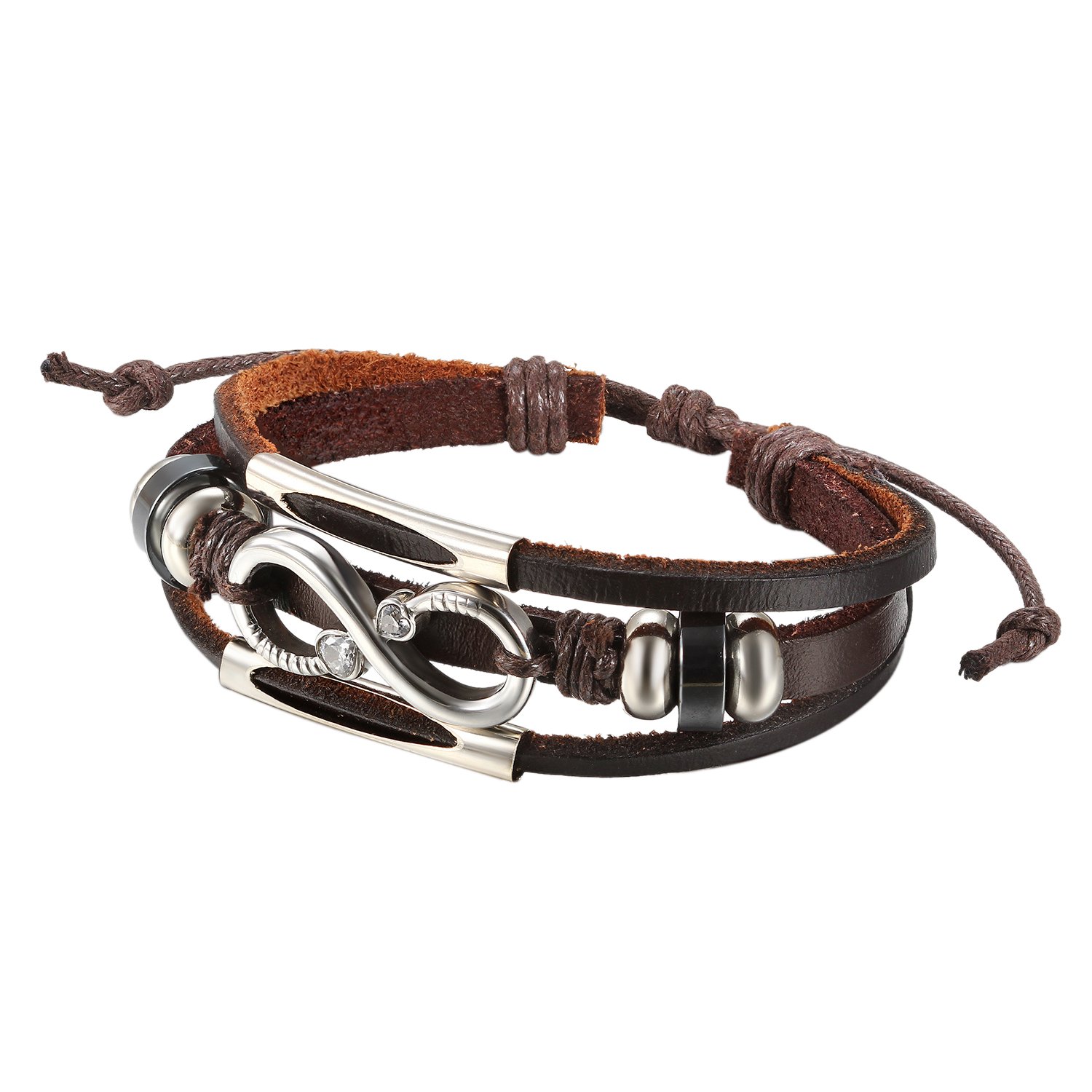 Flongo hombre mujer Vintage acero inoxidable infinity love forever piel Wrap ajustable Cuff Pulsera, 8 – 10 inch