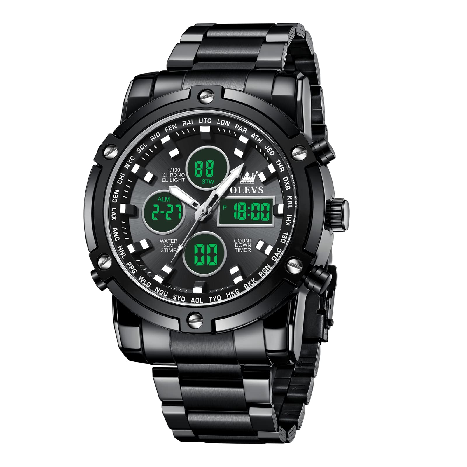 OLEVS Men's Analog Digital Watches with Date and Day, Large Face Outdoor Chronograph Stainless Steel Wristwatch for Men with Back Light,Waterproof Dress Luminous Men Watch, Black dial/Black band,