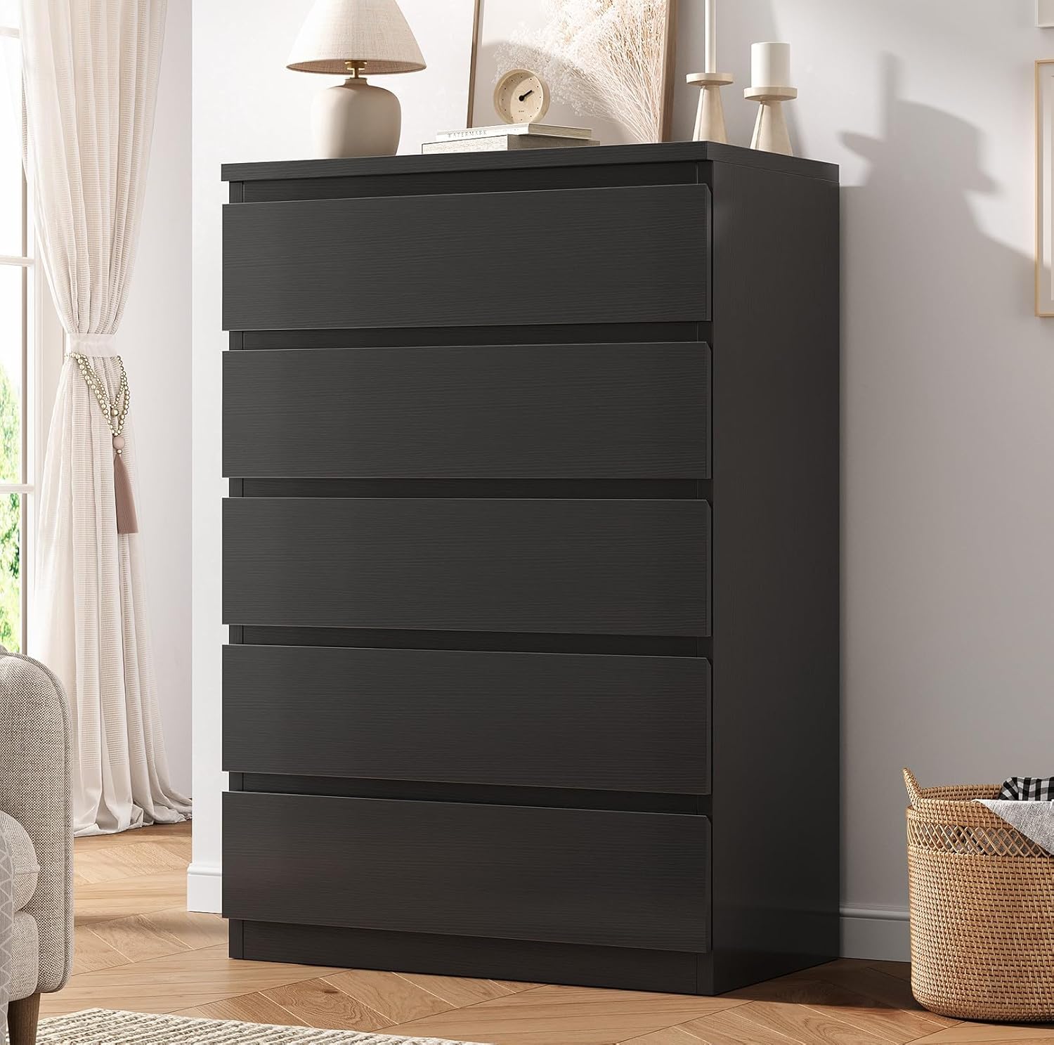 Black 5 Drawer Dresser for Bedroom, 15" D x 23.7" W x 40.4" H in Modern Chest of Drawers, Wood Storage Dresser with Handleless Drawers for Kids Bedroom, Living Room, Hallway, Entryway
