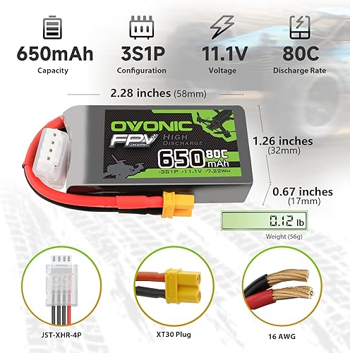 Miniatura 2 de OVONIC Batería Lipo de 11.1V 650mAh 3S 80C con enchufe XT30 para RC coche, barco, camión, helicóptero, helicóptero, helicóptero, multimotor, piezas