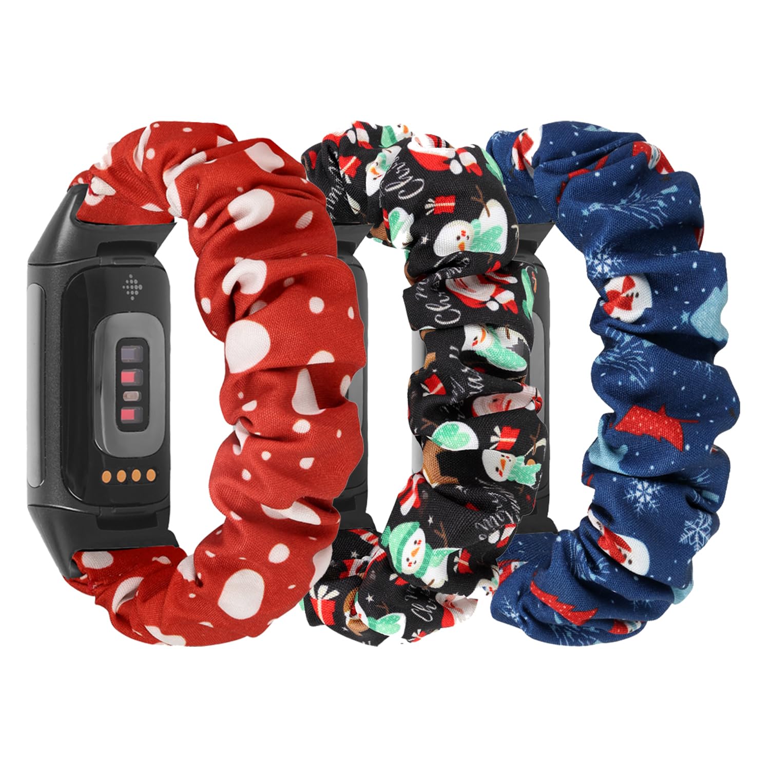 DKGKOO 3 Pack Scrunchie Elastic Strap Compatible with Fitbit Charge 5/ Fitbit Charge 6 Strap, Soft Fabric Cloth Cute Sport Replacement Band for Women (Polka Dot + Snowman + Christmas, S)