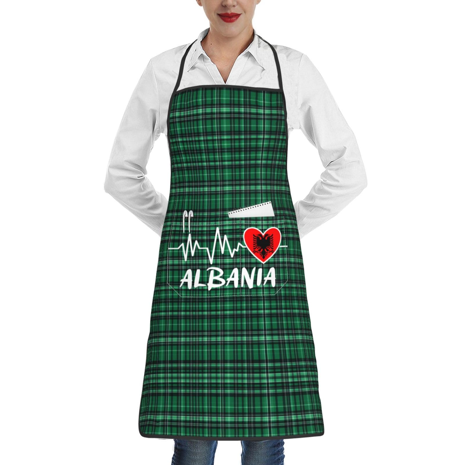 nopicsn Albania Heartbeat Apron for cooking with Pockets Women Men Kitchen Chef Funny Aprons