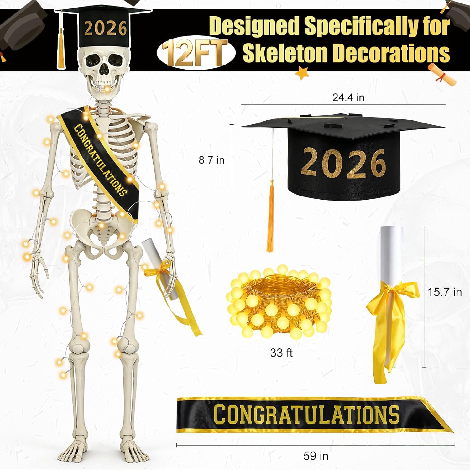 12FT Skeleton Graduation Outfit, Giant Skeleton Clothes Accessories with LED String Lights, Class of 2026 Grad Cap & Tassel, Outdoor Yard Decoration for School & College Grad Party, Skull Not Included