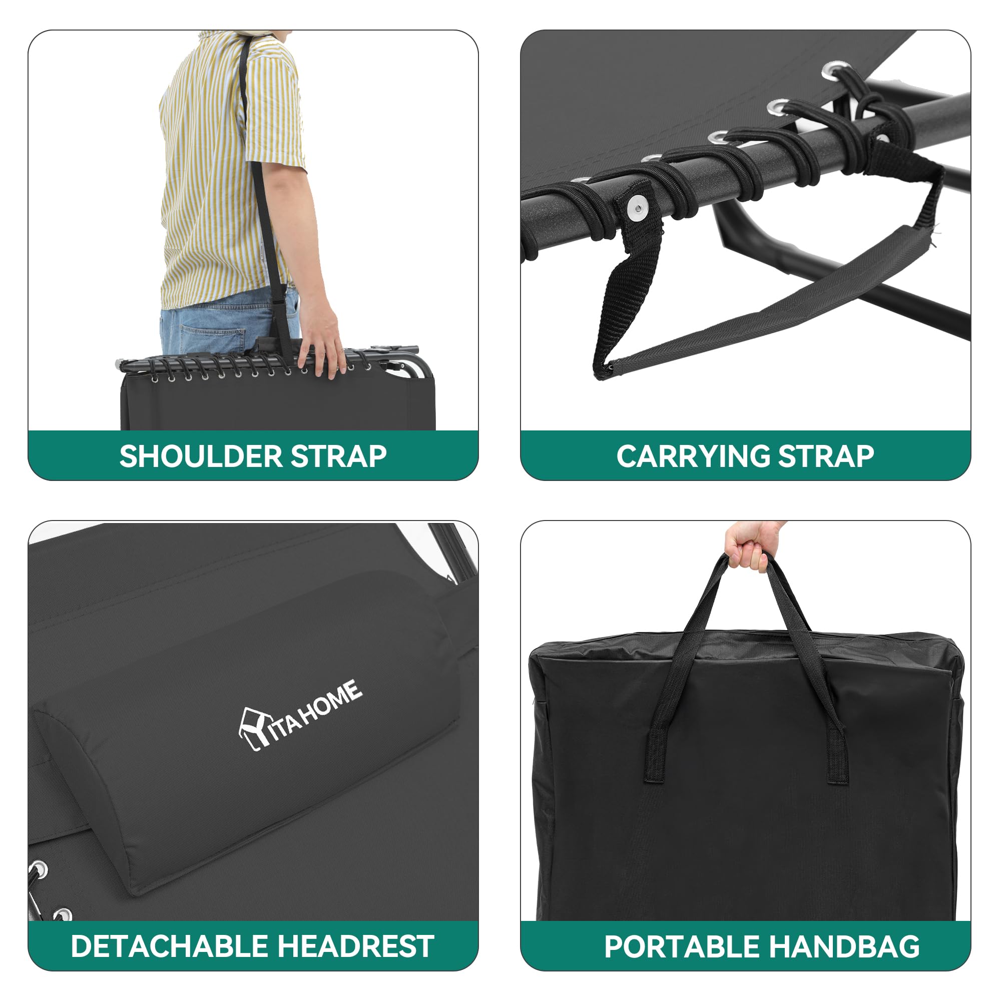 YITAHOME Lettino da Sole Pieghevole Set di 2 Lettino da Spiaggia Regolabile in 4 Posizioni, Lettino Prendisole con Poggiatesta e Tasca Capacità di Carico 300lbs per Giardino, Spiaggia, Campeggio, Nero
