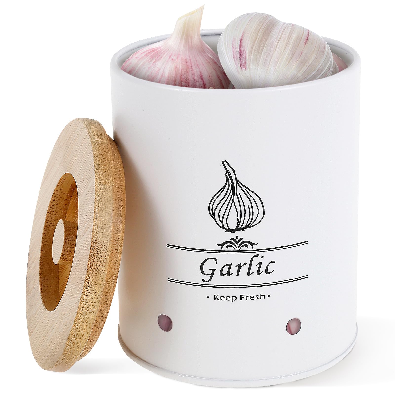 Garlic Keeper Fresh Keeping Garlic Storage Box with Wood Lid Ginger Canister Container 11x11x13.2cm Large Capacity Kitchen Saver for Countertop, Cabinet(White)