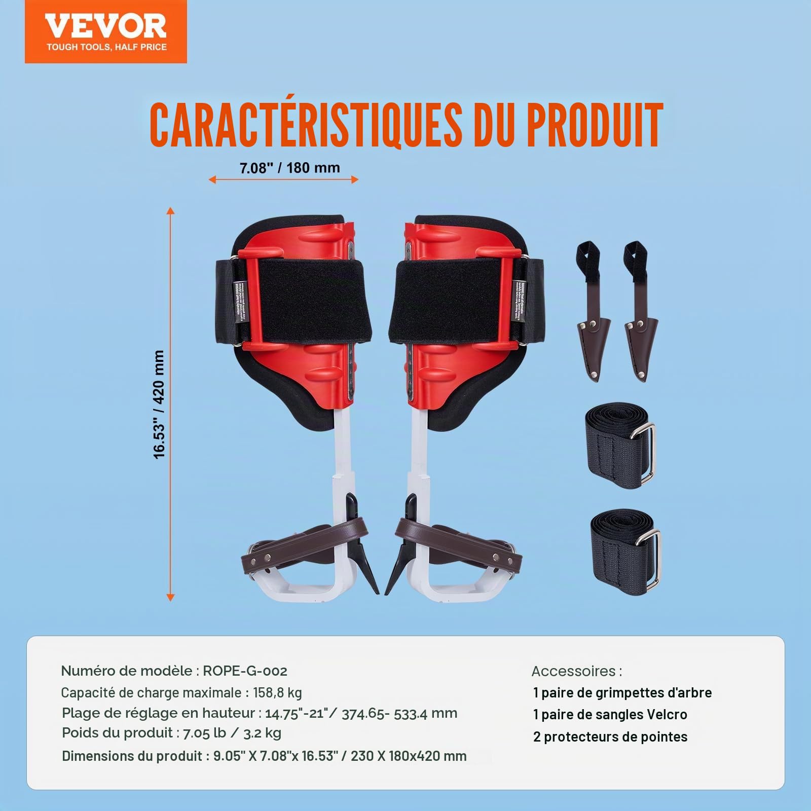 VEVOR 1 paire d'éperons d'escalade réglables en hauteur, capacité de charge de 158,8 kg avec sangles, équipement d'arboriste pour grimpeurs, chasse, cueillette de fruits