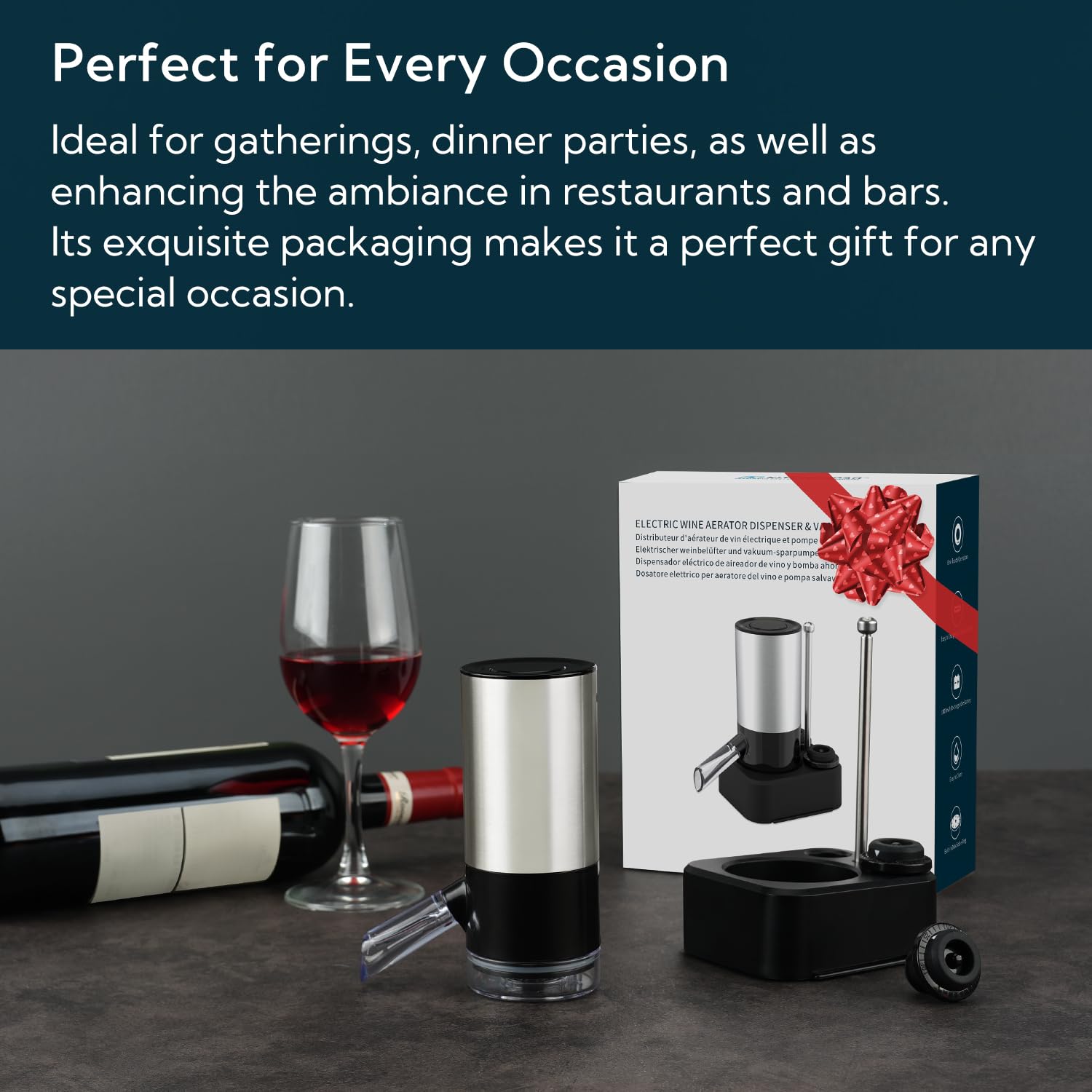 KITCHENDAO Aérateur de vin électrique rechargeable et pompe à vin, bec verseur automatique avec câble USB-C, base de rangement et 2 bouchons, indicateur sonore intégré