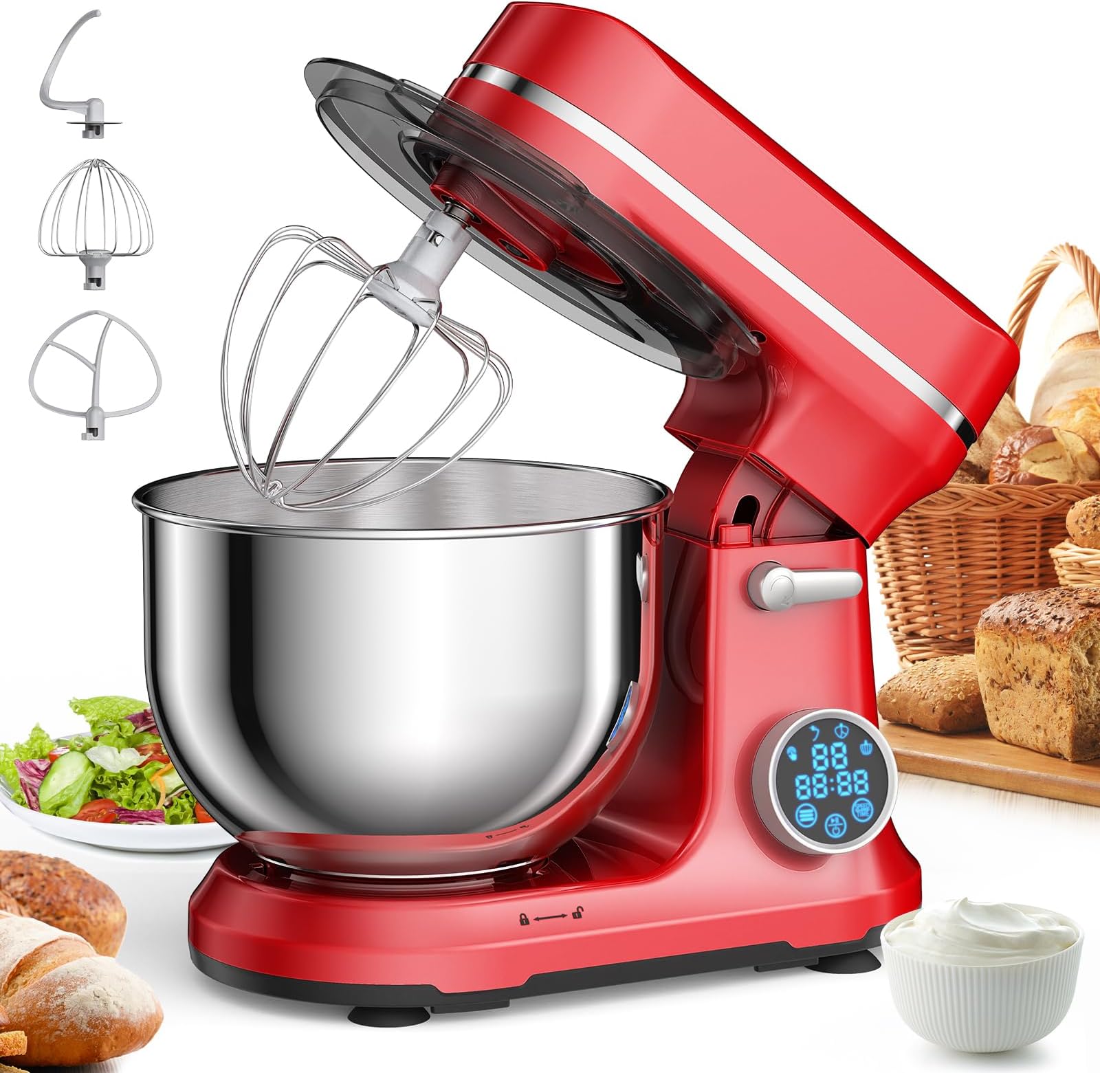 BiolomixStand Mixer, 1200W DC Motor 11 Speed Tilt Head Food Mixer, Digital OLED Screen, Kitchen Electric Food Stand Mixer with Dough Hook, Flat Beater, Whisk, (Red)