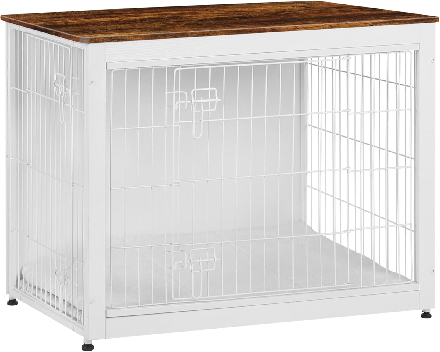 DWANTON Dog Crate Furniture with Cushion, Wooden Kennel Table with Double Doors, Indoor Dog House, Large Size, 38.5" L, White+Rustic Brown 38.5"L x 25.6"W x 26.8"H White+Rustic Brown