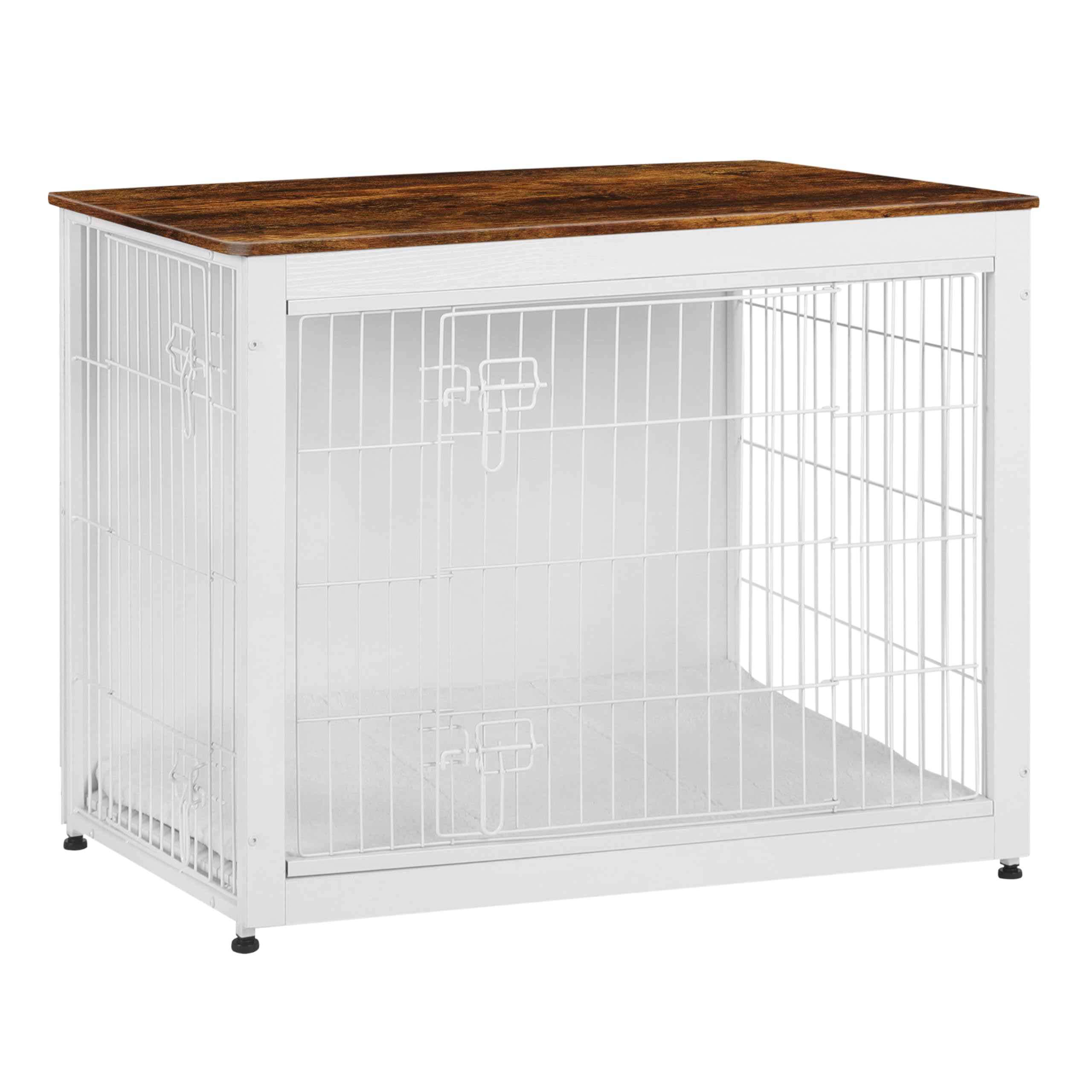 DWANTON Mobili per gabbia per cani con cuscino, cassa per cani in legno con doppie porte, mobili per cani, cuccia per cani di piccola taglia, tavolino, 98 cm, bianco+marrone rustico