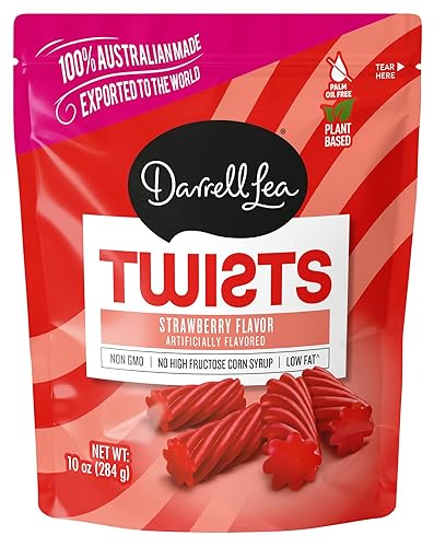 Darrell Lea Twisted Fresh Strawberry Soft Bolsa de regaliz hecho en Australia de 10 onzas, sin OMG, sin aceite de palma, sin HFCS, apto para veganos