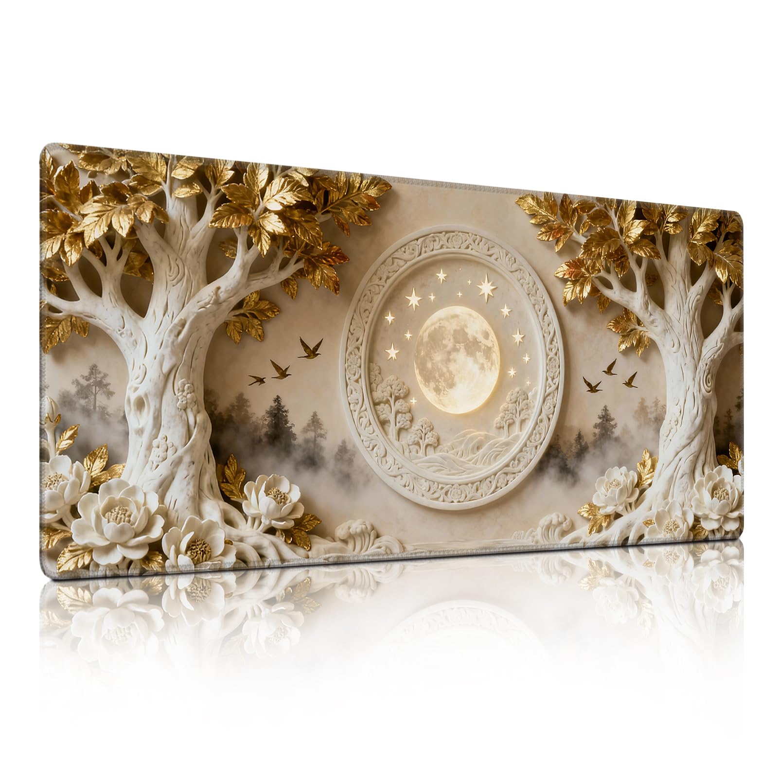 Gold Leaf Peony &amp; Star-Moon Disk Mouse Pad, Luxury Relief Night Scene Desk Mat - Large Non-Slip Office PC Laptop Desk Pad - 35.5"x15.7" x 3mm
