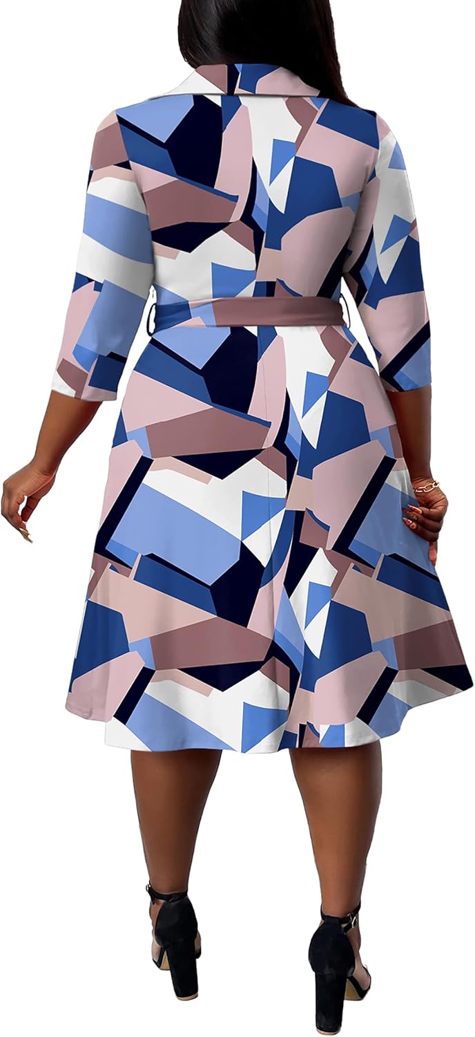 FANDEE Plus Size Midi Dress for Women - Printing Summer Dresses for Wedding Guest Cocktail Party 3/4 Sleeve V Neck(L-5XL) - Image 3