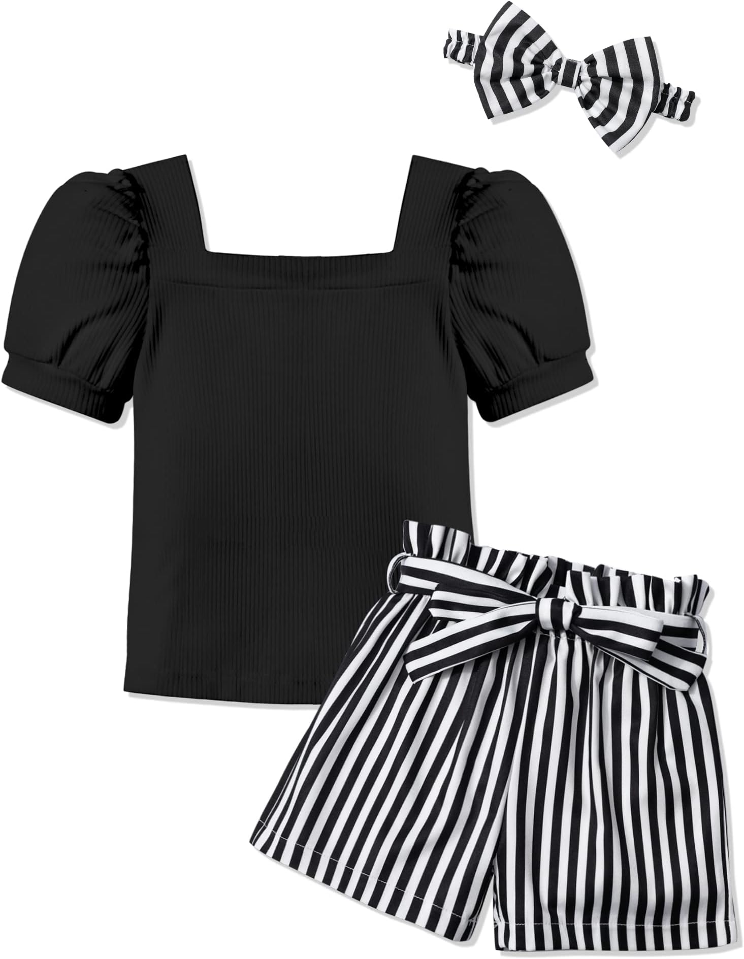 BAVADER Toddler Girl Clothes, 2 Piece Girls Outfits Set Headband Puff Sleeve Top Belted Polka Dot Shorts for Spring Summer, Black Stripe, 4T-5T