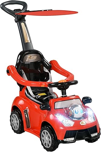 Qaba Auto de empuje para niños de 1 a 3 años, auto deslizante 3 en 1, auto de empuje de pie a piso para bebé con mango extraíble, música, bocina,