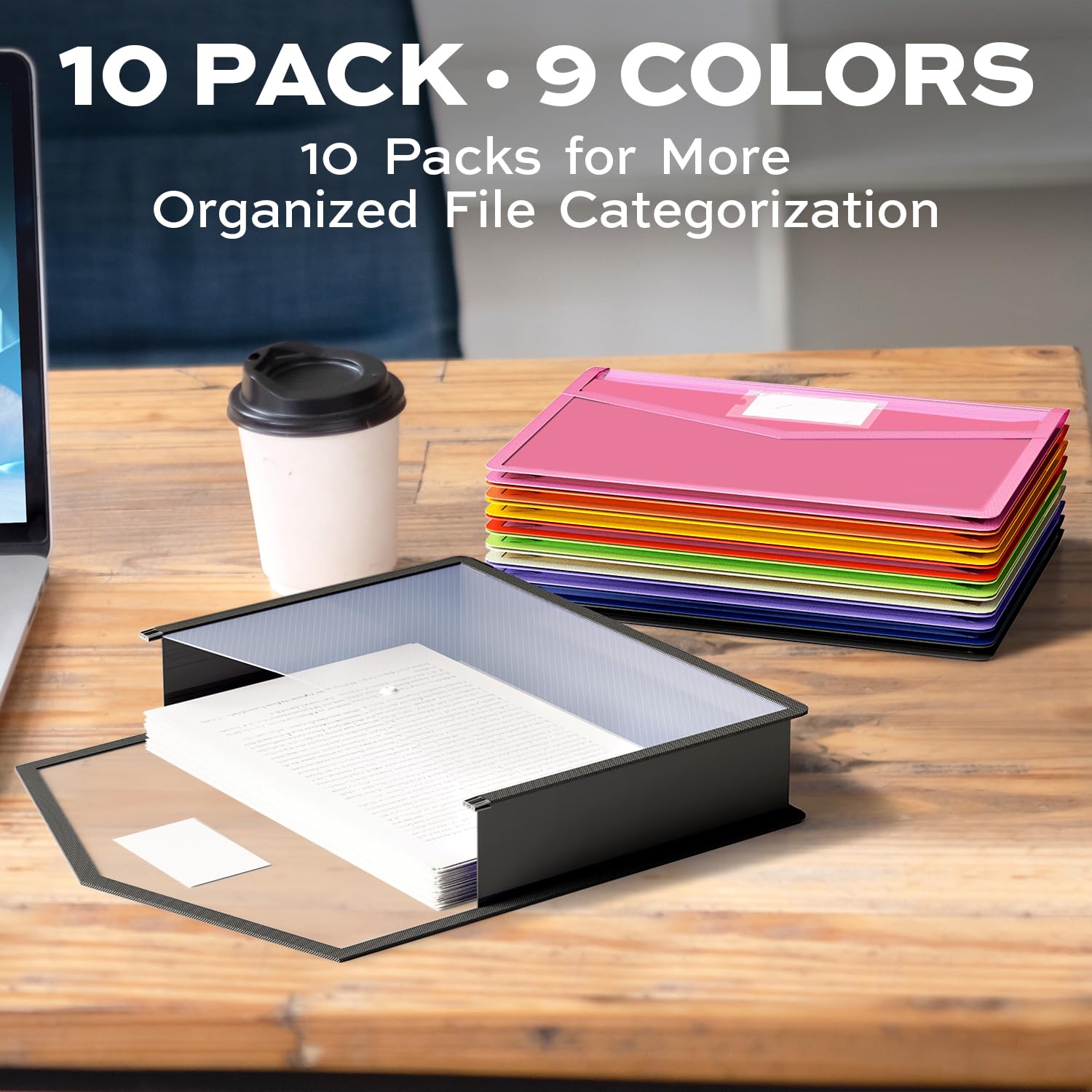 Deli Confezione da 10 cartelle in plastica espandibili per documenti con chiusura a scatto, organizer colorato per cartelle a fisarmonica, grande capacità, adatta per legali/formato B4, 9 colori