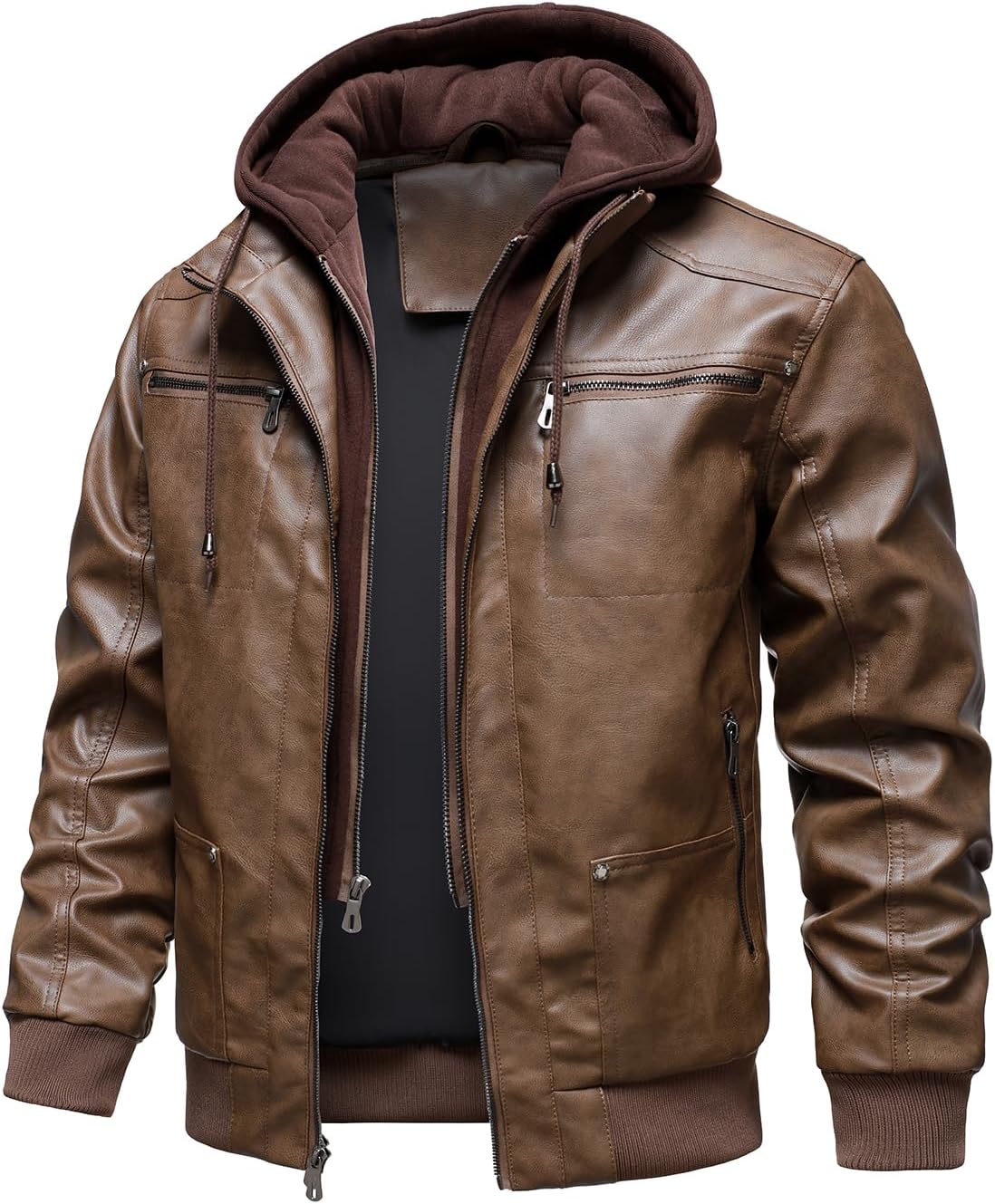 HOOD CREW Men’s Faux Leather Jackets Vintage Motorcycle Bomber jacket with Removable Hood - Image 2