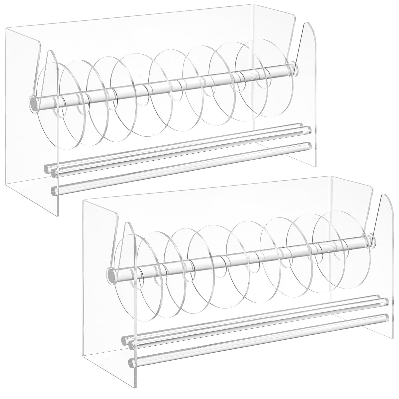 Set di 2 porta rotolo di etichette in acrilico trasparente, dispenser regolabili da scrivania per adesivi, nastro ed etichette, dischi divisori rimovibili