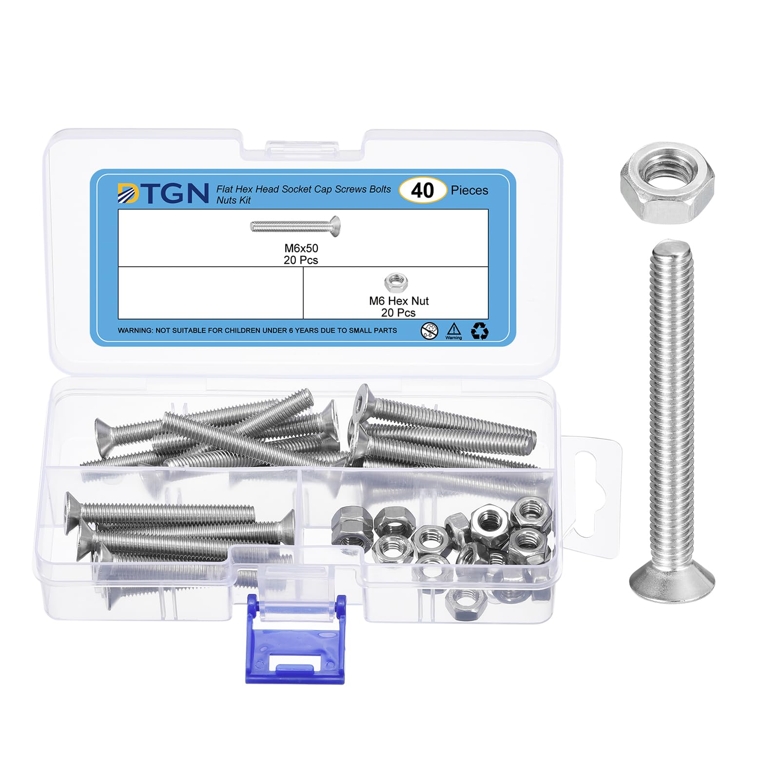 DTGN 40Pcs M6-1.0 x 50mm Flat Head Hex Socket Cap Screws Bolts Nuts Kit, 304 Stainless Steel Round Flat Metric Machine Screws
