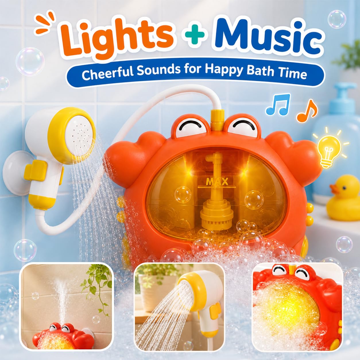 Krabben-Badespielzeug, 4-in-1 Schaumbad-Maschine mit Duschkopf, Kleinkinder, beleuchtet und Musik, Badewannenspielzeug für Kinder im Alter von 1–3 Jahren, 4–8 Jahre, wiederaufladbar über USB
