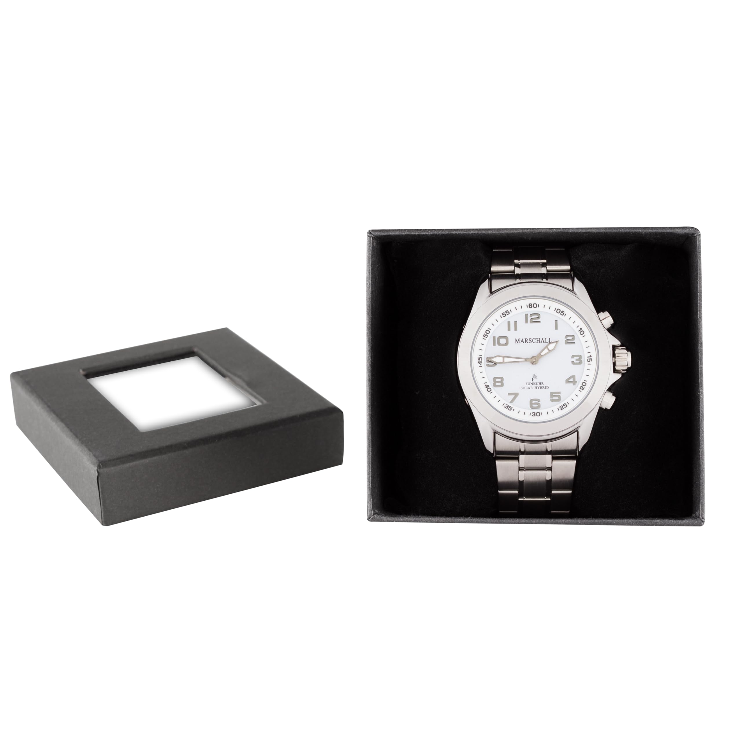 Marschall Deutsch sprechende Herren Armbanduhr I Mit Solarpanel I 1146w I Funkarmbanduhr I Für Blinde, Senioren und Demenzkranke I Datum- und Zeitansage I Vario-Edelstahlarmband