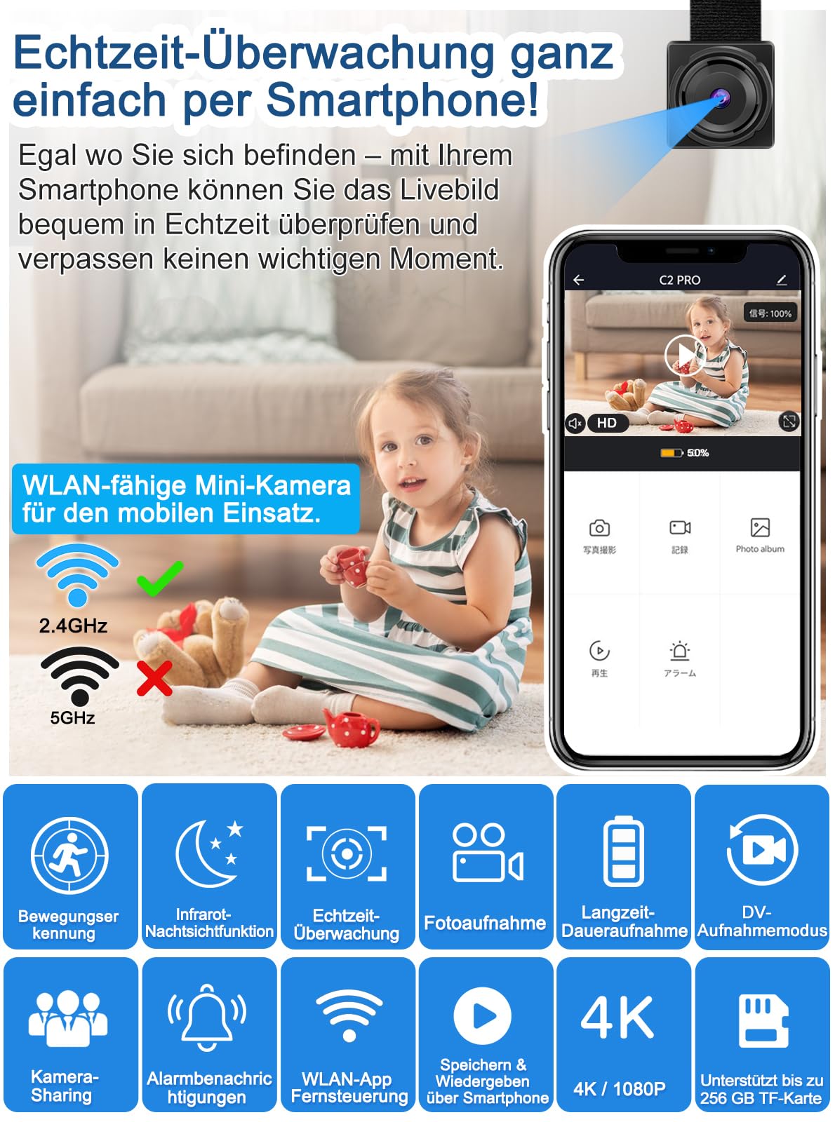 QZT Cámara de vigilancia WiFi 1080P Full HD con aplicación, visión nocturna, detección de movimiento, grabación en bucle, vídeo en vivo, inalámbrico, cámara interior y exterior, ideal para casa