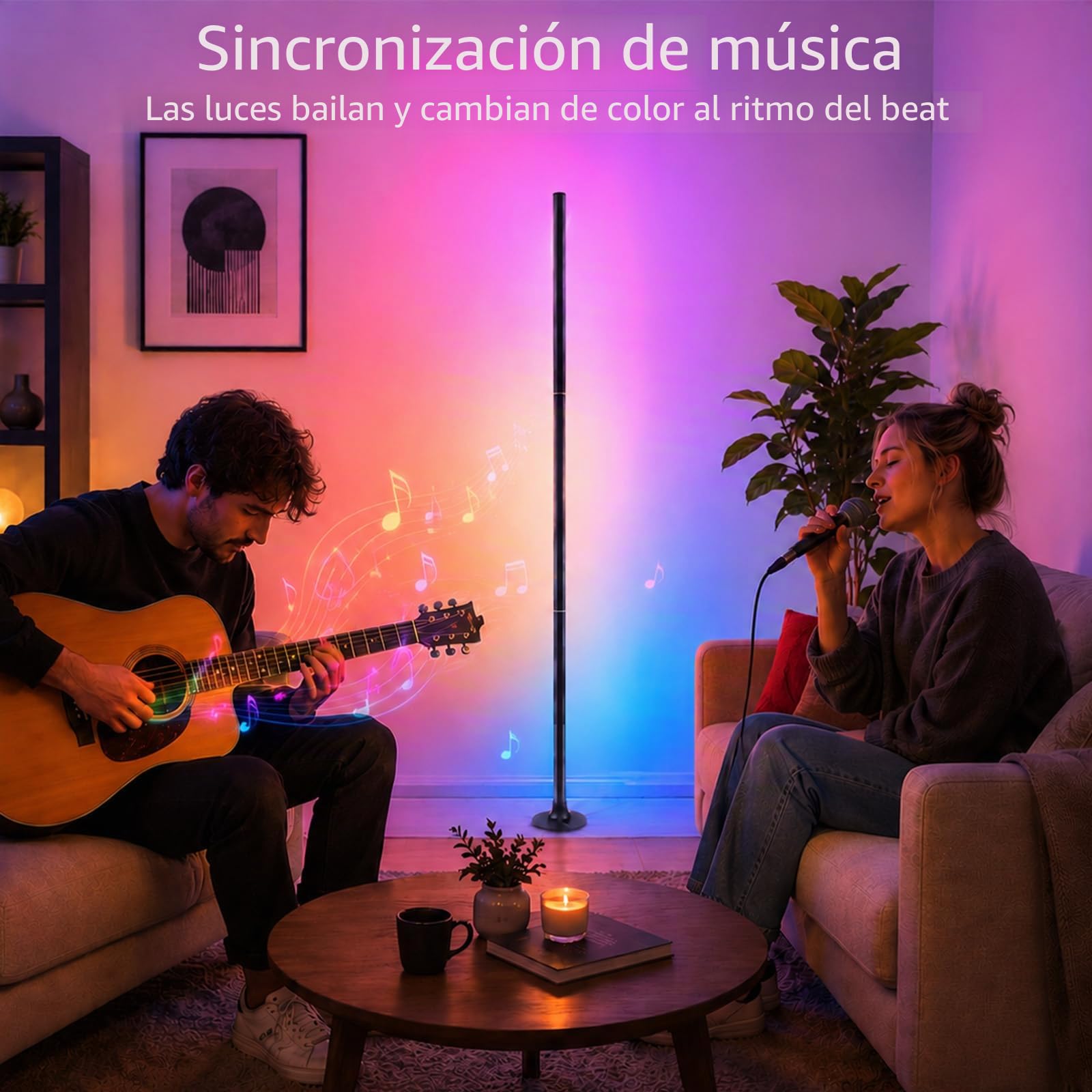 Lámpara de pie RGB para salón, 120 cm, juego de 2 lámparas de esquina regulables con aplicación inteligente y mando a distancia, lámpara de pie LED DIY con 16 millones de colores, sincronización de