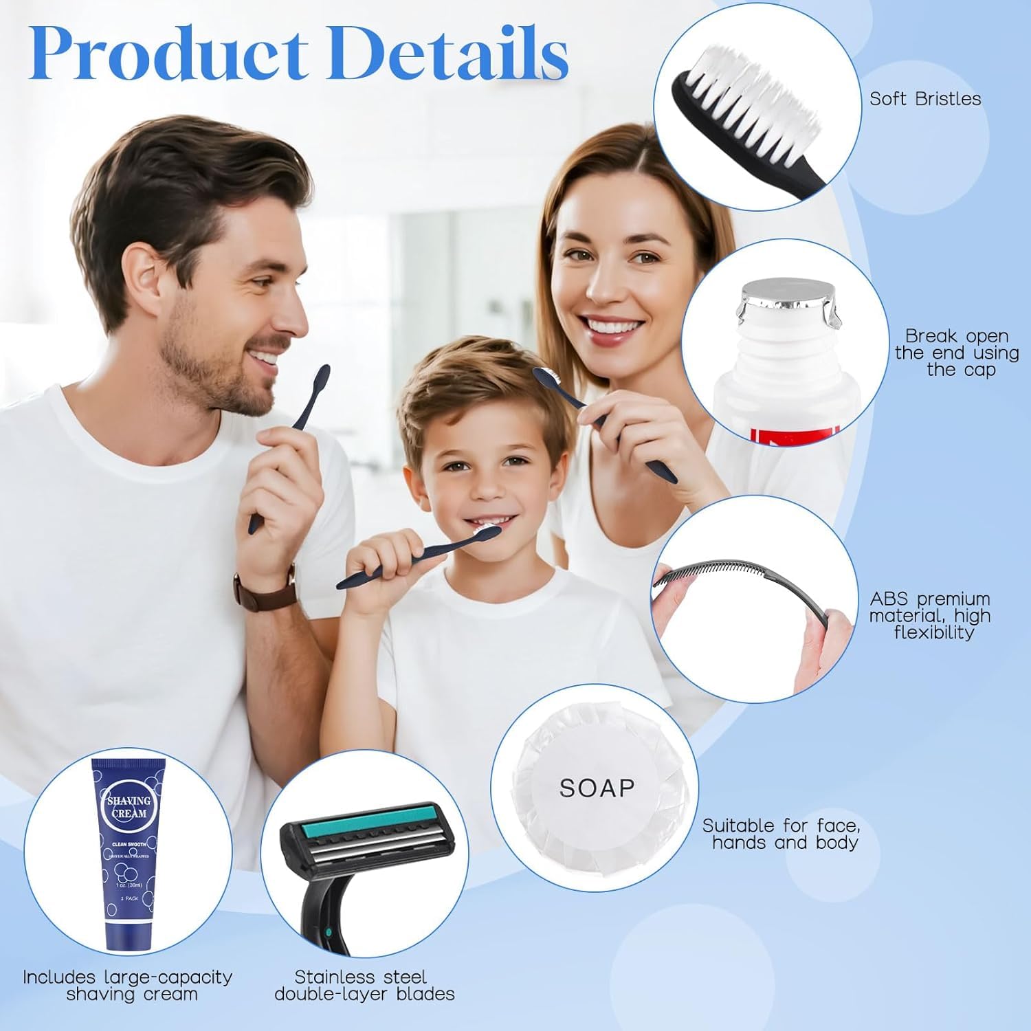 Kit di articoli da toeletta usa e getta, 6 in 1, formato da viaggio, essenziali per uomini e donne, confezionati singolarmente, set di articoli da toeletta personali per hotel, beneficenza, ospiti
