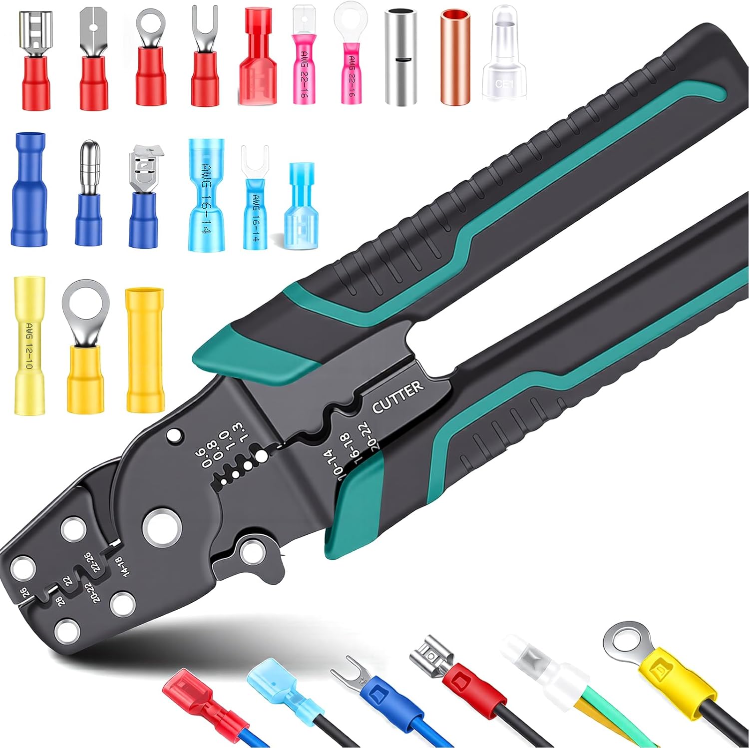 smseace Green Wire Crimping tool Wire crimper,stripper and cutterfor insulated/Bare/Heat Shrink connectors(22-10 AWG) Multifunctional stripping crimping pliers Wire stripper and crimping tool