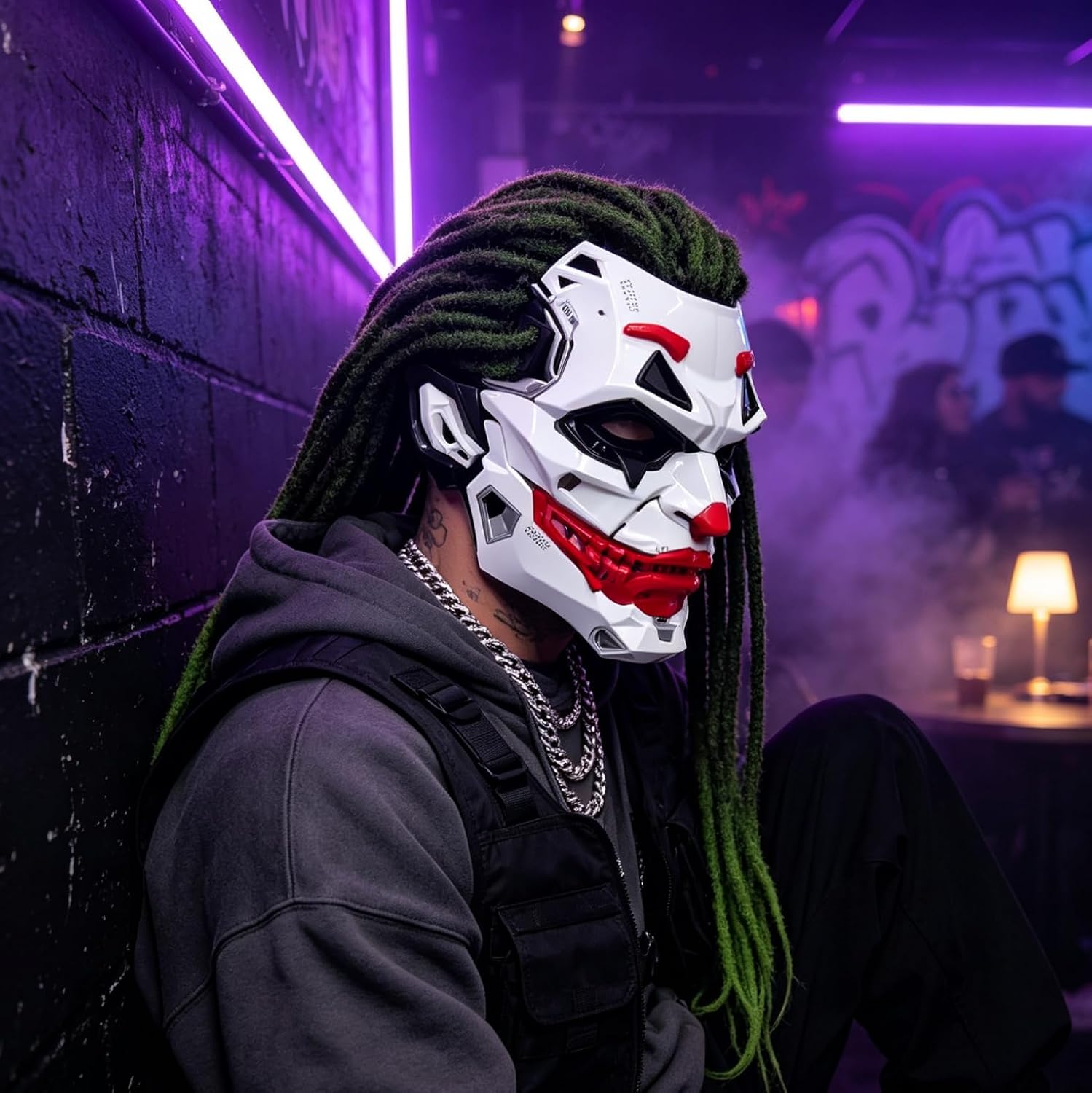 ifkoo Futuristic Sci-Fi Full-Face Halloween Mask with Green Dreadlocks