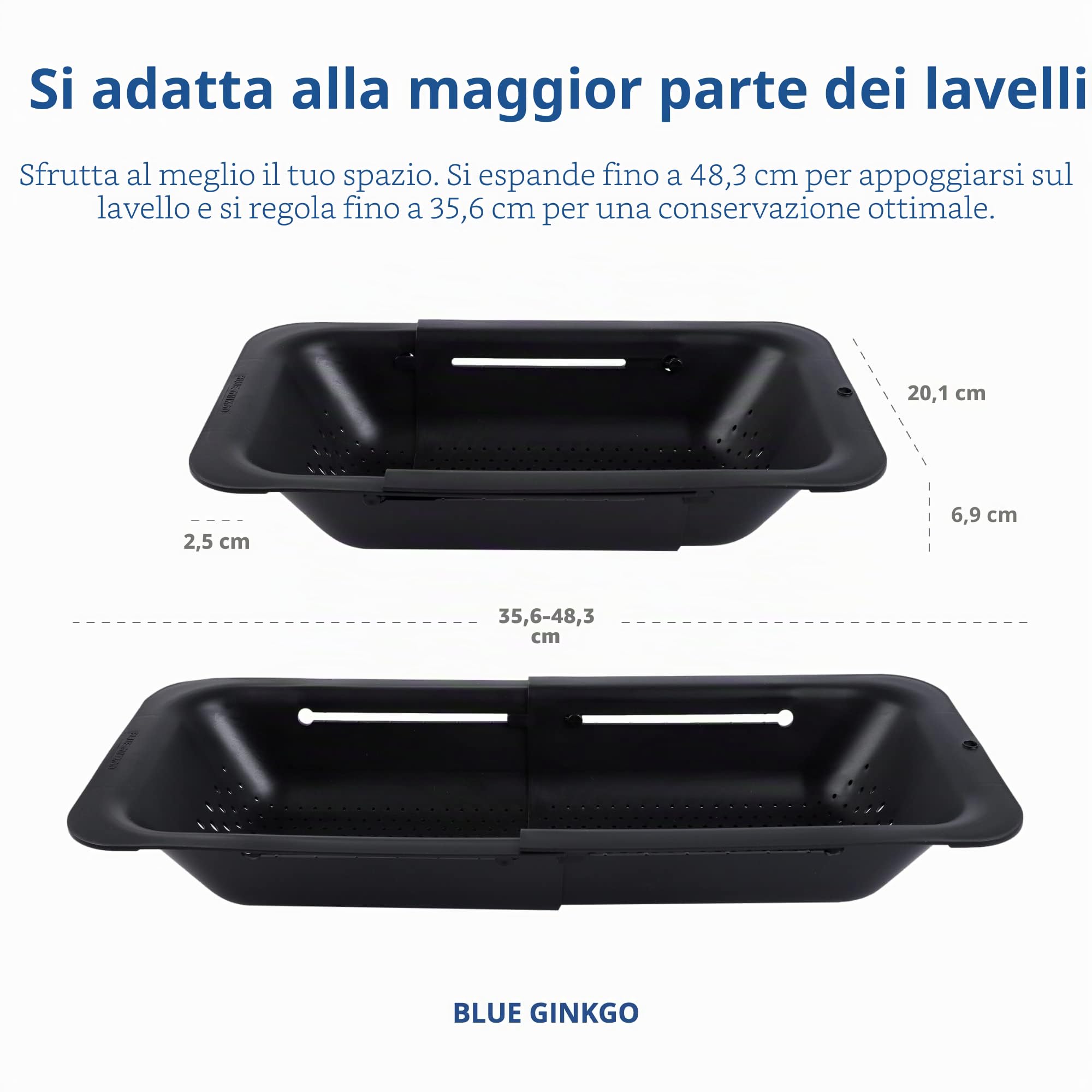 BLUE GINKGO Sopra il Lavello Colino Colino Cestello - Lavare frutta e verdura, scolare la pasta cotta - Estensibile - Elementi essenziali per la cucina (7,9 L x 14,5-19,5 L x 2,75 A) - Nero