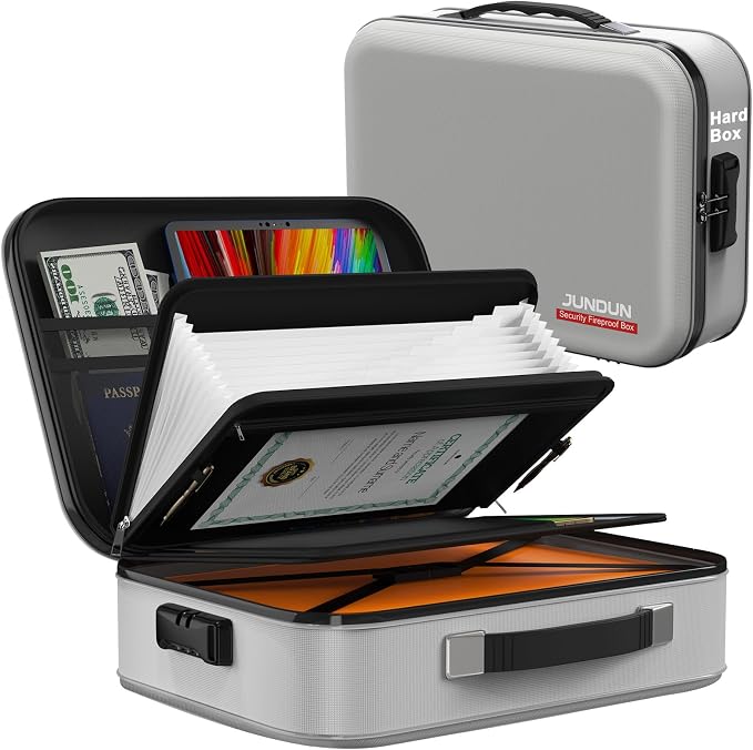 Fireproof Box,Hard Shell Fireproof Safe Box with Lock,Portable Safe Storage Case for Letter Size Documents,files,Papers and Passport,Silver, F880001S
