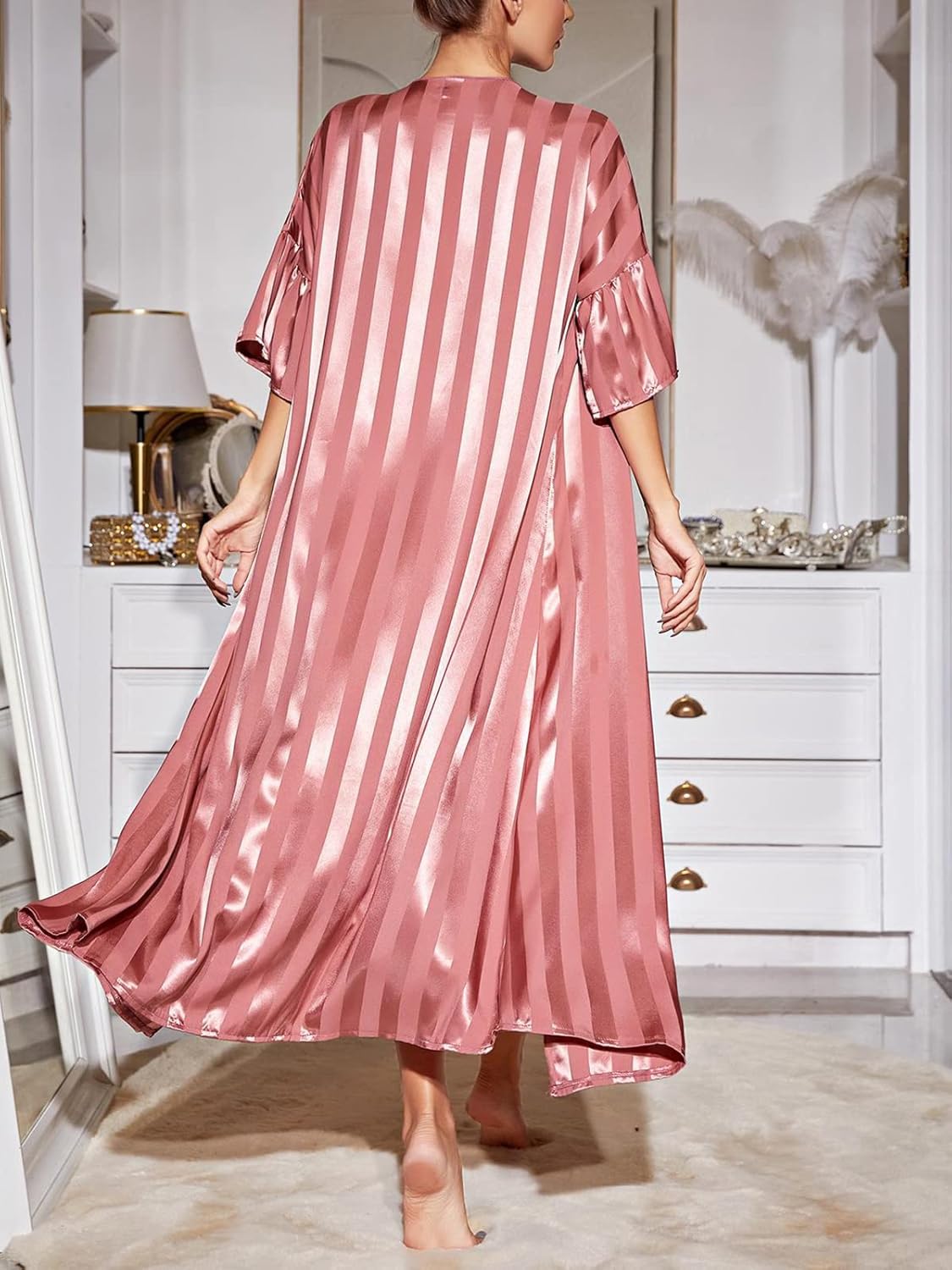 ASHER FASHION Women's 2 Piece Sexy Satin Lingerie Nightgown and Robe Set Ladies Silk Slip Sleepwear Chemise Nightdress