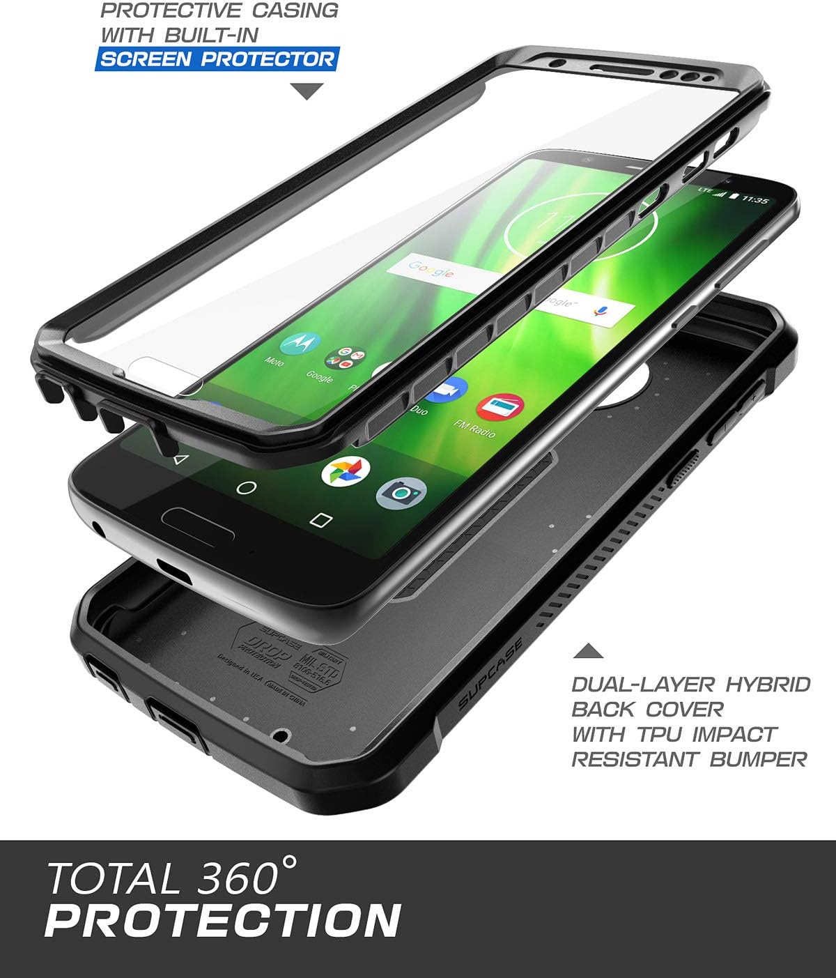 SUPCASE Full-Body Case for Moto G6, with Built-in Screen Protector Rugged Holster for Moto G6 5.7 Inch (2018 Release), Unicorn Beetle Pro Series -Retail Package (Black)