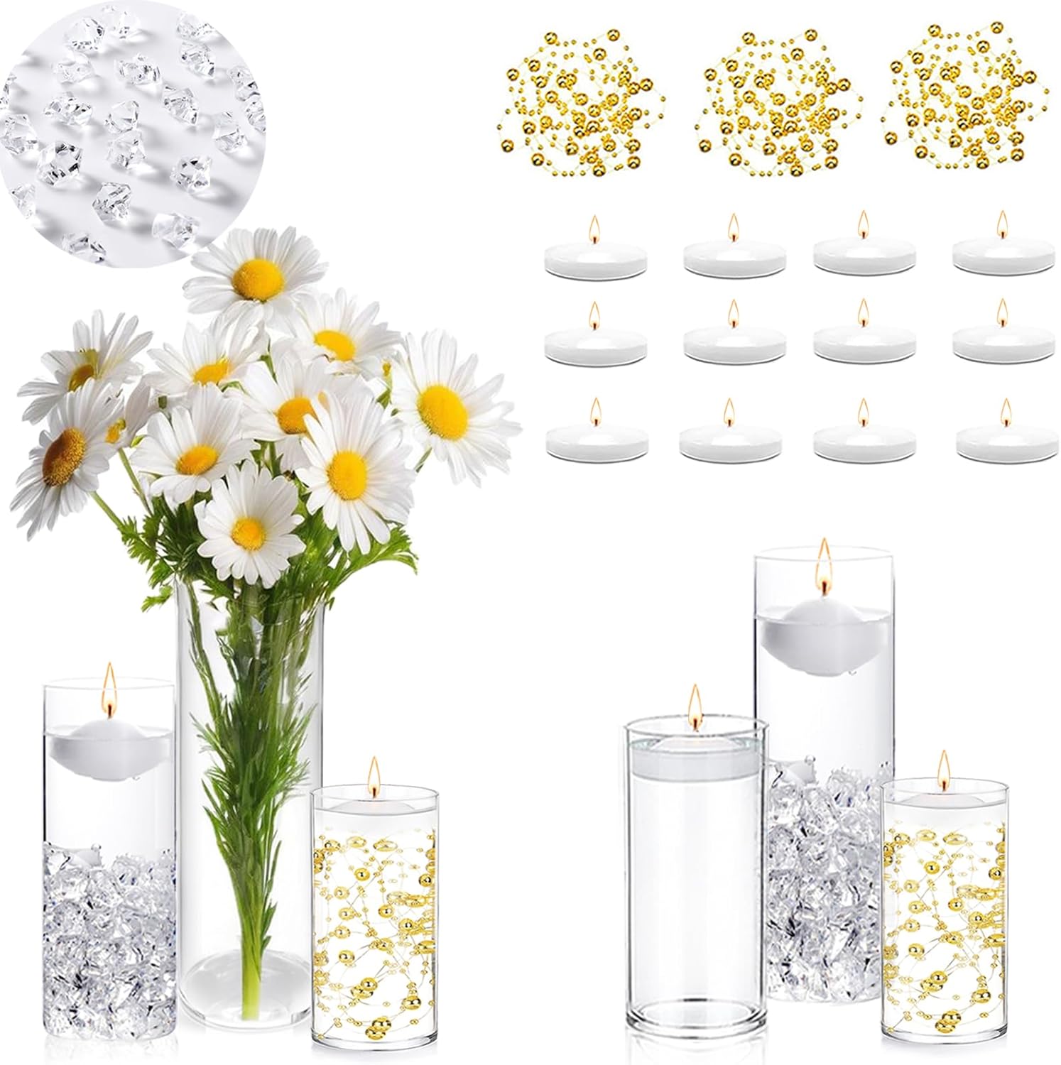 Glass Cylinder Vaseswith White Floating Candles Acrylic Fake Ice Cubes Pearl String Vases Fillers for Table Centerpiece Party Wedding Home Decor (1)