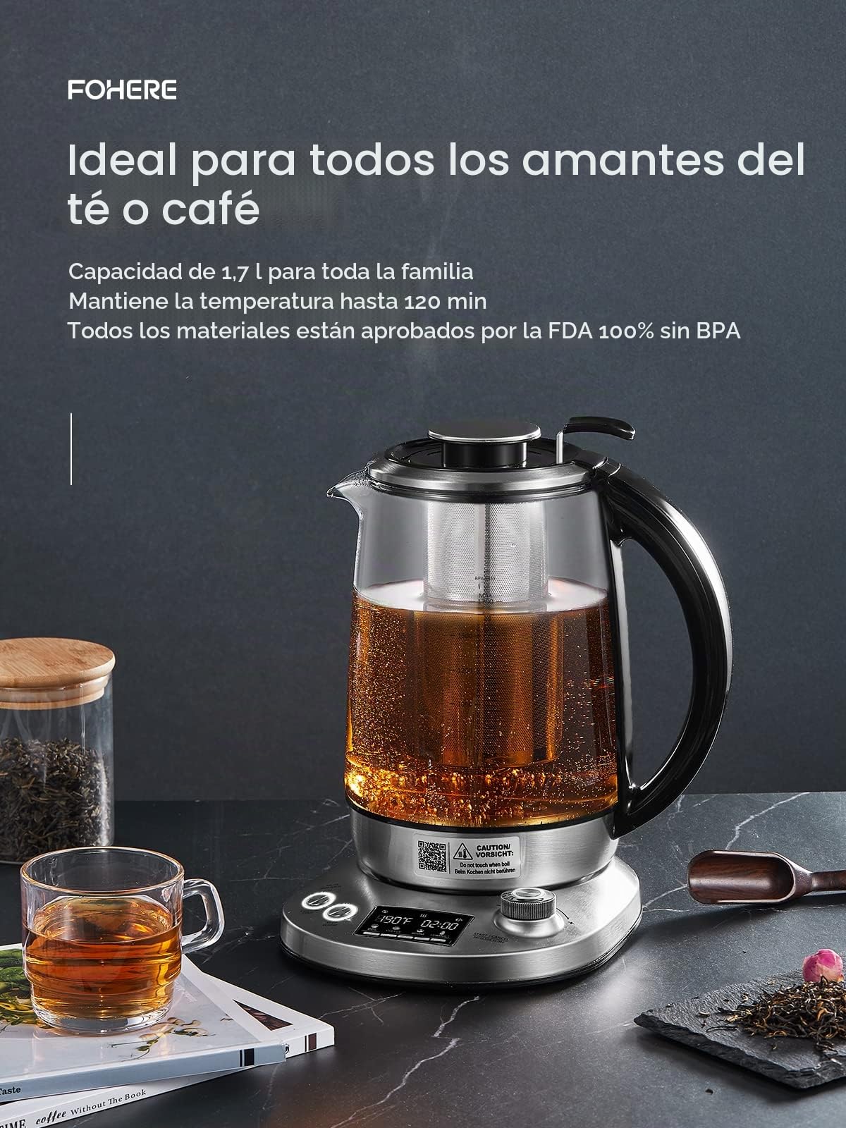 Hervidor de Agua Eléctrico, 9 Presintonías de Control de Temperatura, 2200W, 2H Para Mantener Caliente, 1.7L con Infusor Extraíble, Pantalla LCD, Vidrio Borosilicato y Acero Inoxidable (Plata)