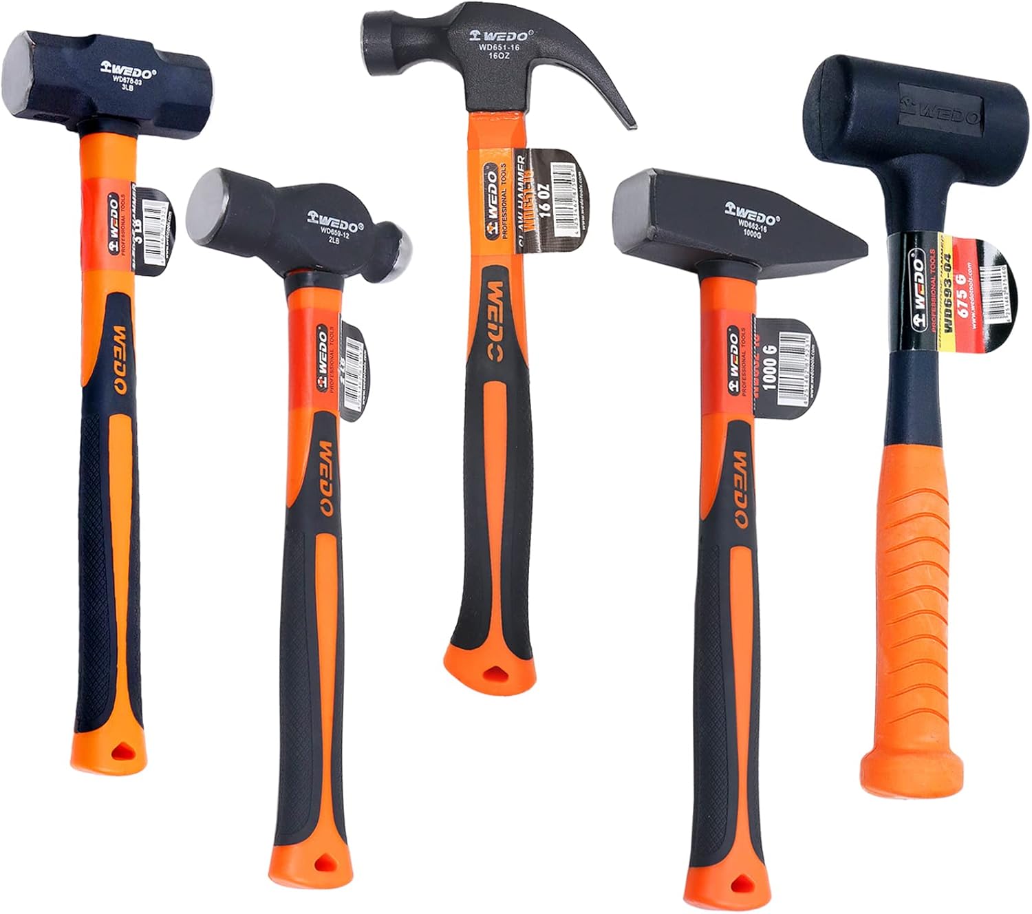 WEDO Hammer Set 5PCS, Claw Hammer (16oz) Ball Peen Hammer (2lb) Engineers' Hammers (1000g) Sledge Hammer (3lb) Rubber Shockproof Hammer (2.5lb), Fiberglass Handle