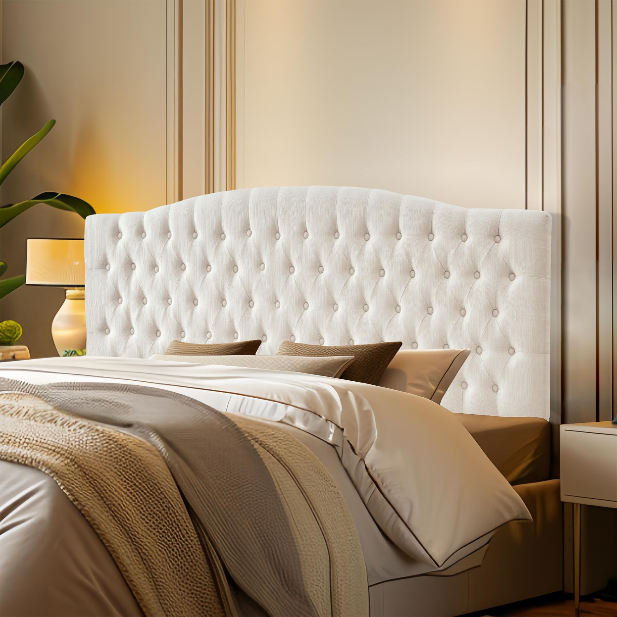Linen Upholstered Headboard King/Cal King Size Latest Model Wall Mount, Bed Frame Mount, Featuring High-Density Sponge Padding, Luxury Texture Easy Assembly Comfort and Style-Ivory - headboard only 